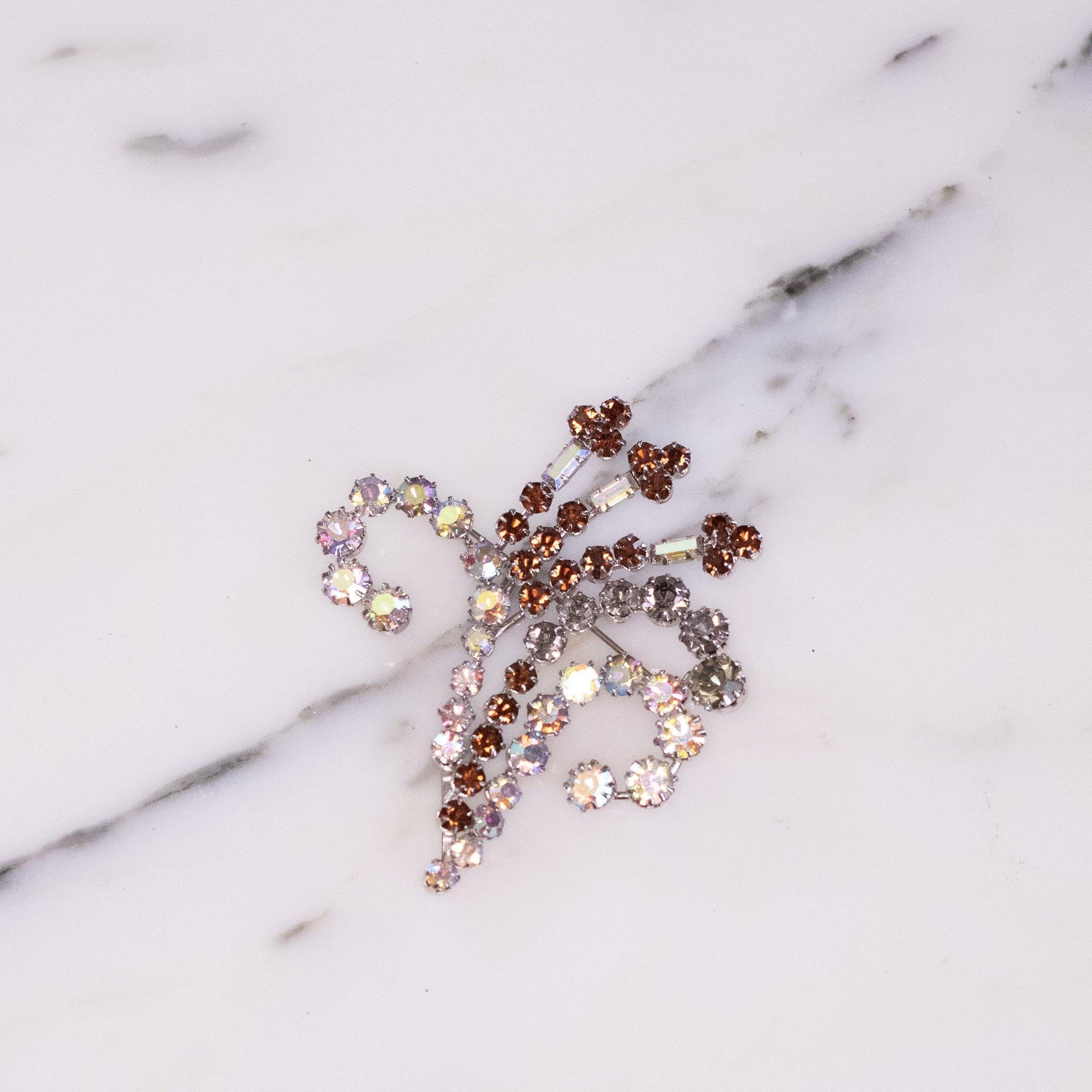 Vintage Amber, Lavender, and  Aurora Borealis Rhinestone Spray Brooch Brooch by 1950s - Vintage Meet Modern Vintage Jewelry - Chicago, Illinois - #oldhollywoodglamour #vintagemeetmodern #designervintage #jewelrybox #antiquejewelry #vintagejewelry