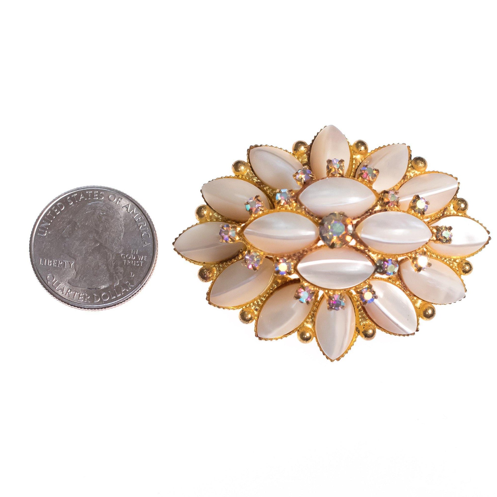 Vintage Pearl Rhinestones and Aurora Borealis Crystal Tiered Brooch by 1950s - Vintage Meet Modern Vintage Jewelry - Chicago, Illinois - #oldhollywoodglamour #vintagemeetmodern #designervintage #jewelrybox #antiquejewelry #vintagejewelry