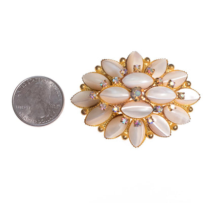 Vintage Pearl Rhinestones and Aurora Borealis Crystal Tiered Brooch by 1950s - Vintage Meet Modern Vintage Jewelry - Chicago, Illinois - #oldhollywoodglamour #vintagemeetmodern #designervintage #jewelrybox #antiquejewelry #vintagejewelry