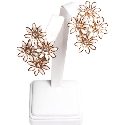 Vintage White Flower Earrings with Diamante Crystals by 1950s - Vintage Meet Modern Vintage Jewelry - Chicago, Illinois - #oldhollywoodglamour #vintagemeetmodern #designervintage #jewelrybox #antiquejewelry #vintagejewelry