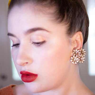 Vintage White Flower Earrings with Diamante Crystals by 1950s - Vintage Meet Modern Vintage Jewelry - Chicago, Illinois - #oldhollywoodglamour #vintagemeetmodern #designervintage #jewelrybox #antiquejewelry #vintagejewelry