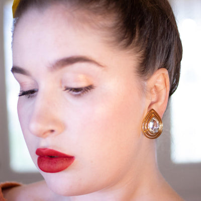 Vintage Crown Trifari Elegant Gold Teardrop Rhinestone Statement Earrings by Crown Trifari - Vintage Meet Modern Vintage Jewelry - Chicago, Illinois - #oldhollywoodglamour #vintagemeetmodern #designervintage #jewelrybox #antiquejewelry #vintagejewelry