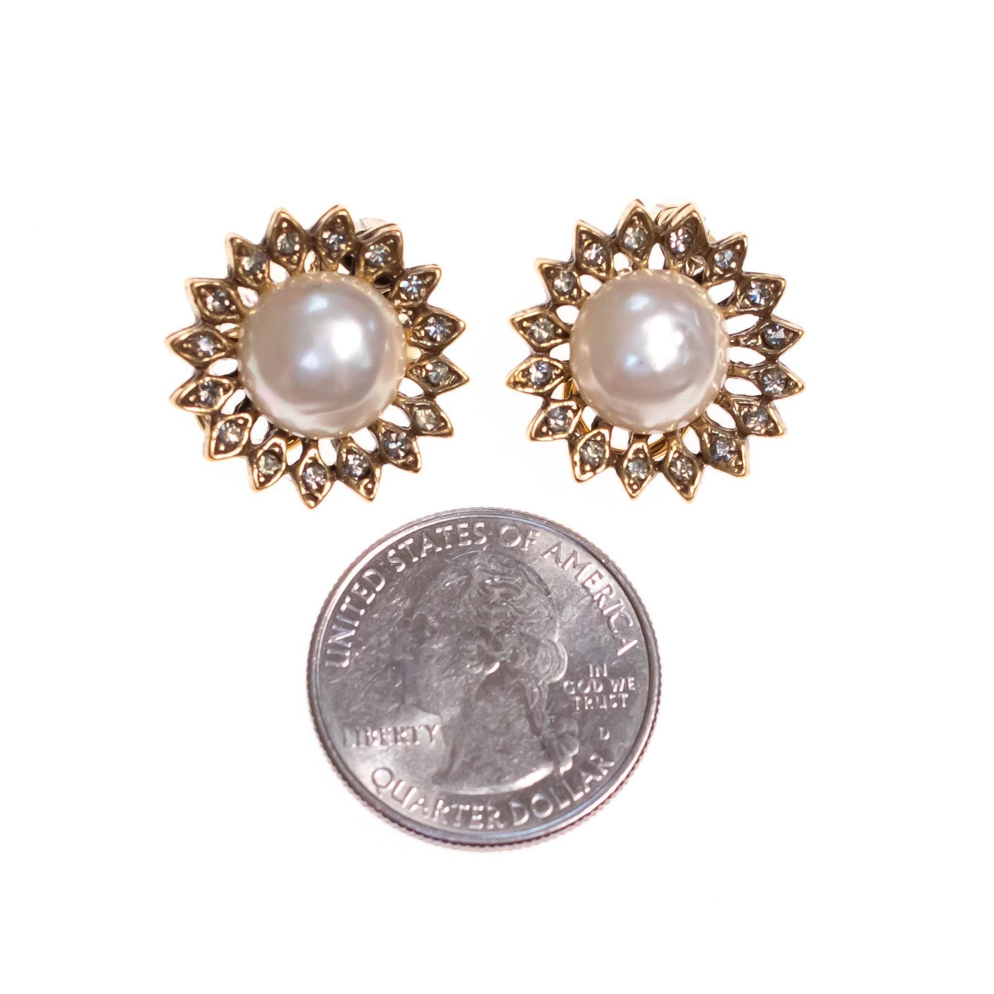 Vintage Sunflower Pearl and Diamante Crystal Earrings by Unsigned - Vintage Meet Modern Vintage Jewelry - Chicago, Illinois - #oldhollywoodglamour #vintagemeetmodern #designervintage #jewelrybox #antiquejewelry #vintagejewelry