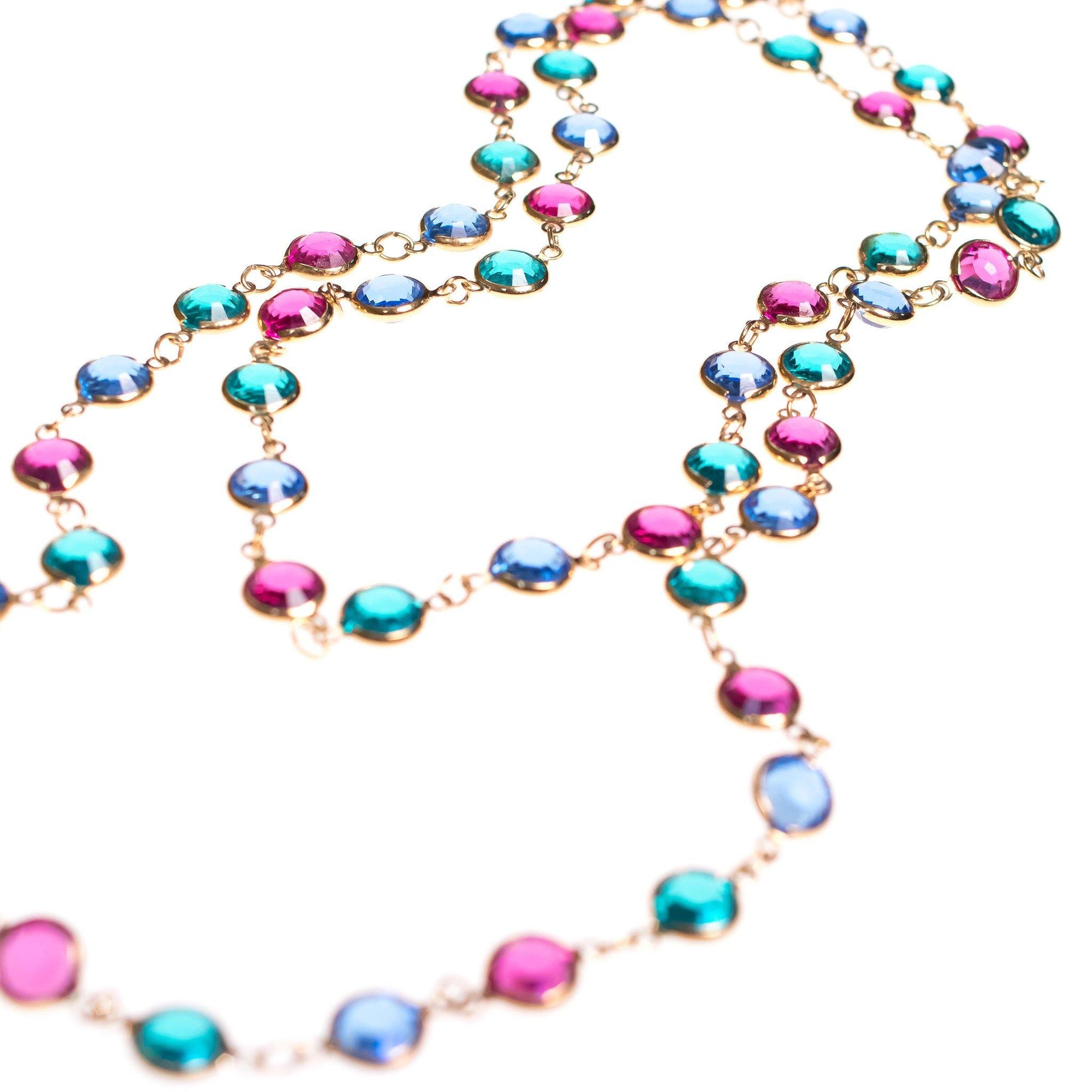 Vintage Swarovski Bezel Set Crystal Jewel Tone Necklace in Blue Green Pink Crystals by Swarovski - Vintage Meet Modern Vintage Jewelry - Chicago, Illinois - #oldhollywoodglamour #vintagemeetmodern #designervintage #jewelrybox #antiquejewelry #vintagejewelry