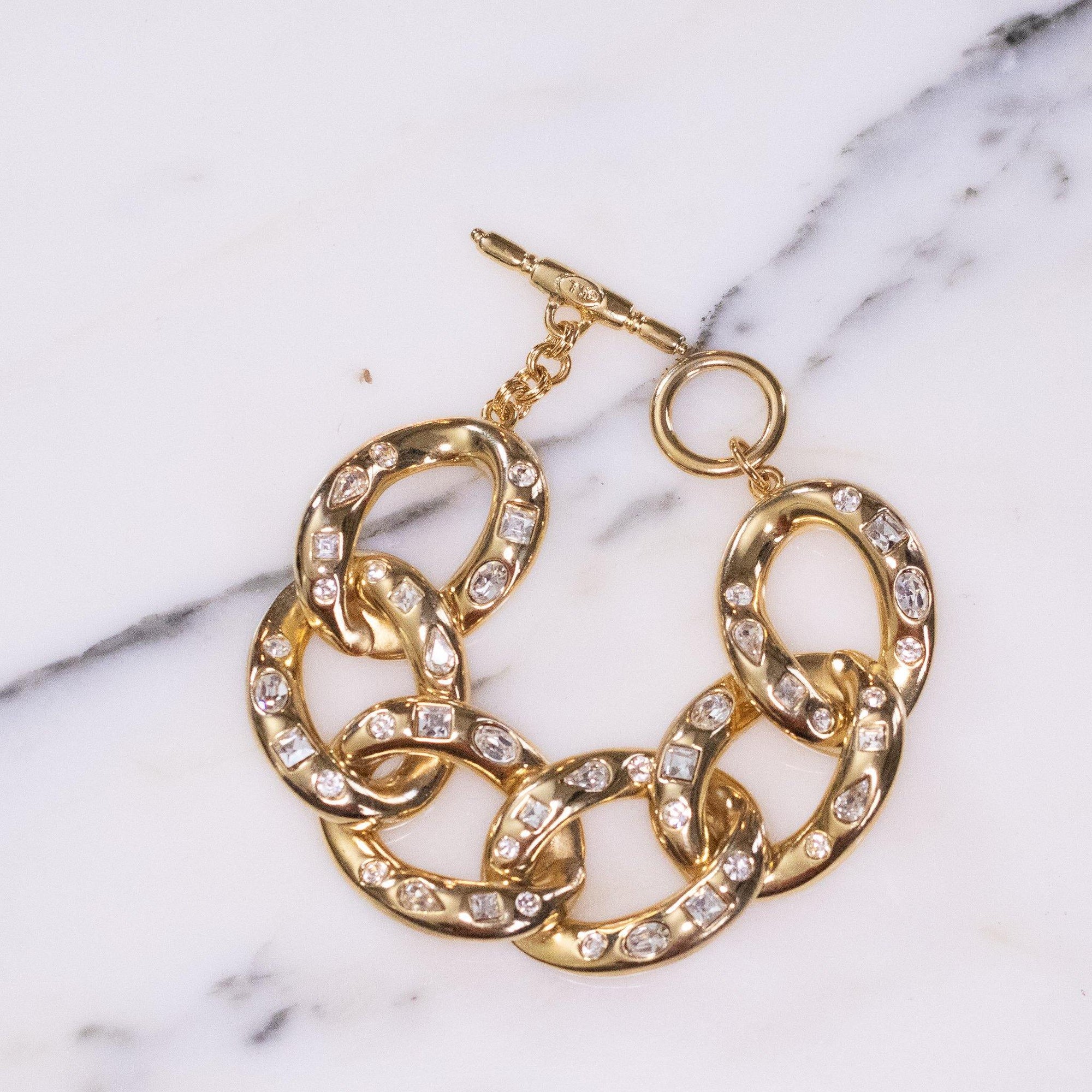 Vintage Kenneth Jay Lane Chunky Gold Link Bracelet with Crystals by Kenneth Jay Lane - Vintage Meet Modern Vintage Jewelry - Chicago, Illinois - #oldhollywoodglamour #vintagemeetmodern #designervintage #jewelrybox #antiquejewelry #vintagejewelry