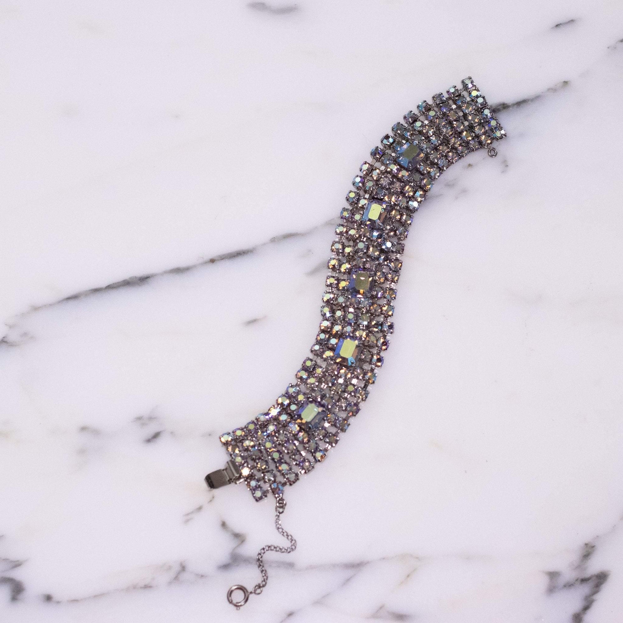 Vintage Blue Gray Aurora Borealis Rhinestone Bracelet by 1950s - Vintage Meet Modern Vintage Jewelry - Chicago, Illinois - #oldhollywoodglamour #vintagemeetmodern #designervintage #jewelrybox #antiquejewelry #vintagejewelry