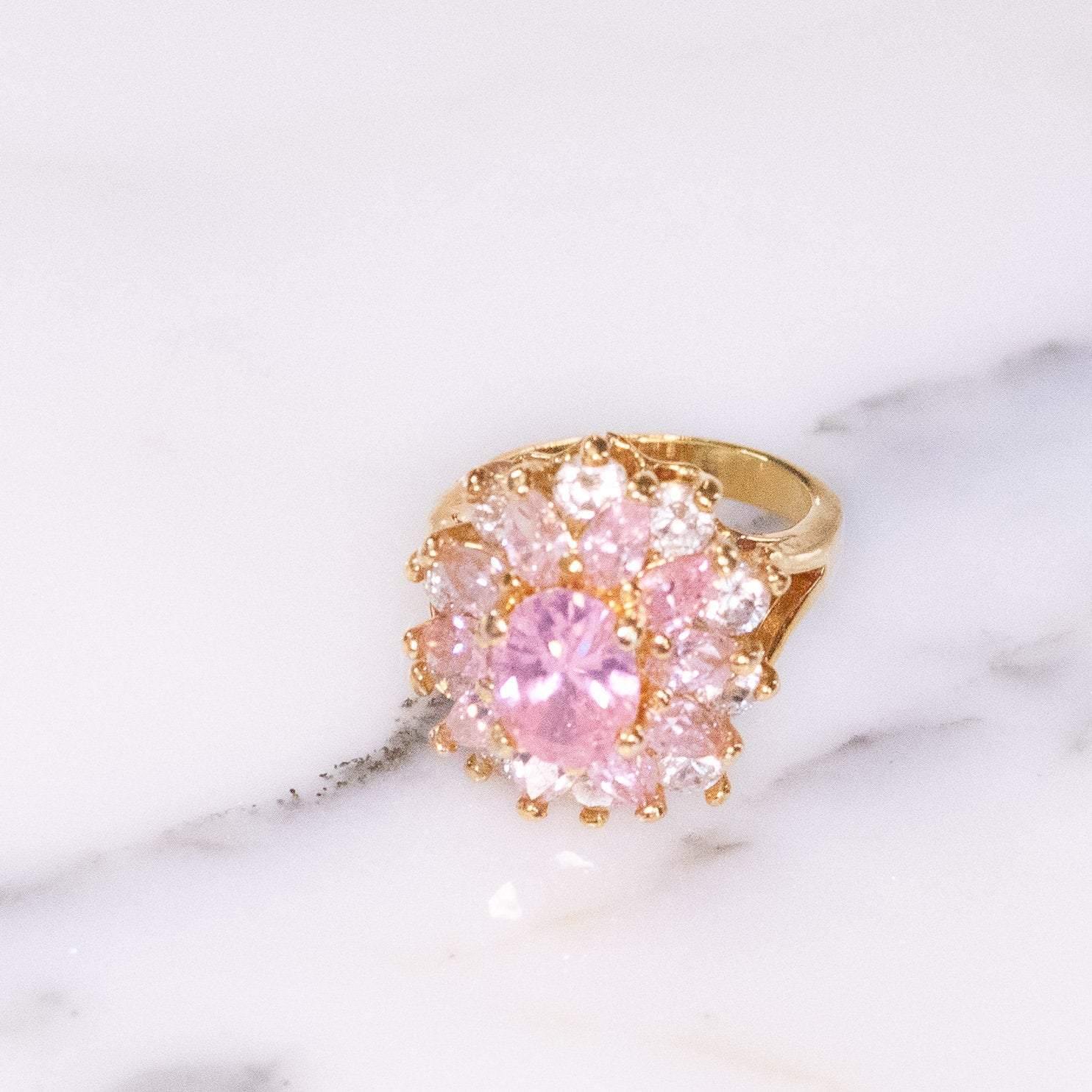 Vintage Pink and Clear CZ Cluster Ring by 1980s - Vintage Meet Modern Vintage Jewelry - Chicago, Illinois - #oldhollywoodglamour #vintagemeetmodern #designervintage #jewelrybox #antiquejewelry #vintagejewelry