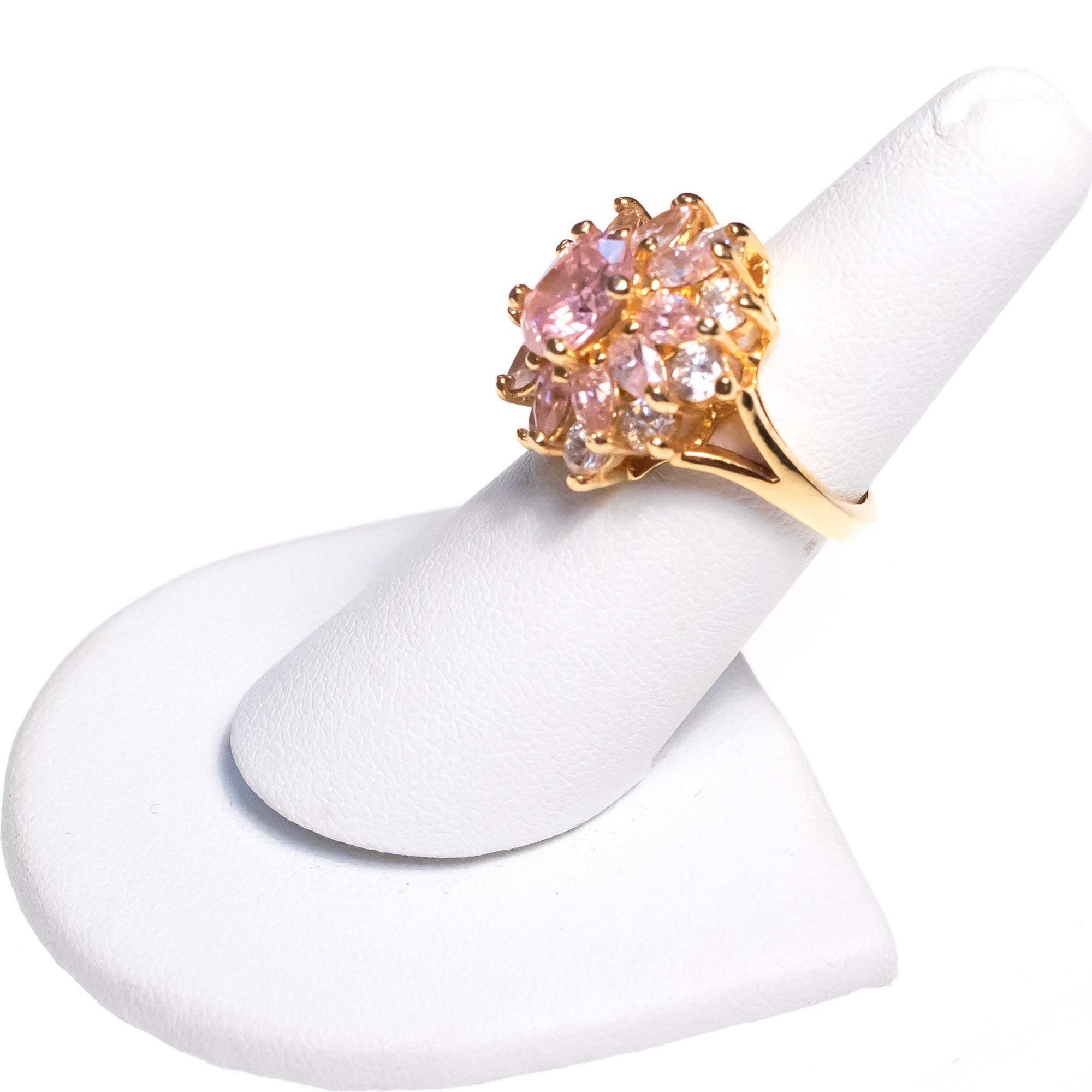 Vintage Pink and Clear CZ Cluster Ring by 1980s - Vintage Meet Modern Vintage Jewelry - Chicago, Illinois - #oldhollywoodglamour #vintagemeetmodern #designervintage #jewelrybox #antiquejewelry #vintagejewelry