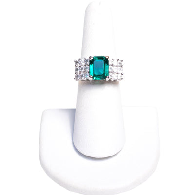 Vintage Emerald Green CZ Emerald Cut and Diamante Wide Band Cocktail Statement Ring by 1980s - Vintage Meet Modern Vintage Jewelry - Chicago, Illinois - #oldhollywoodglamour #vintagemeetmodern #designervintage #jewelrybox #antiquejewelry #vintagejewelry