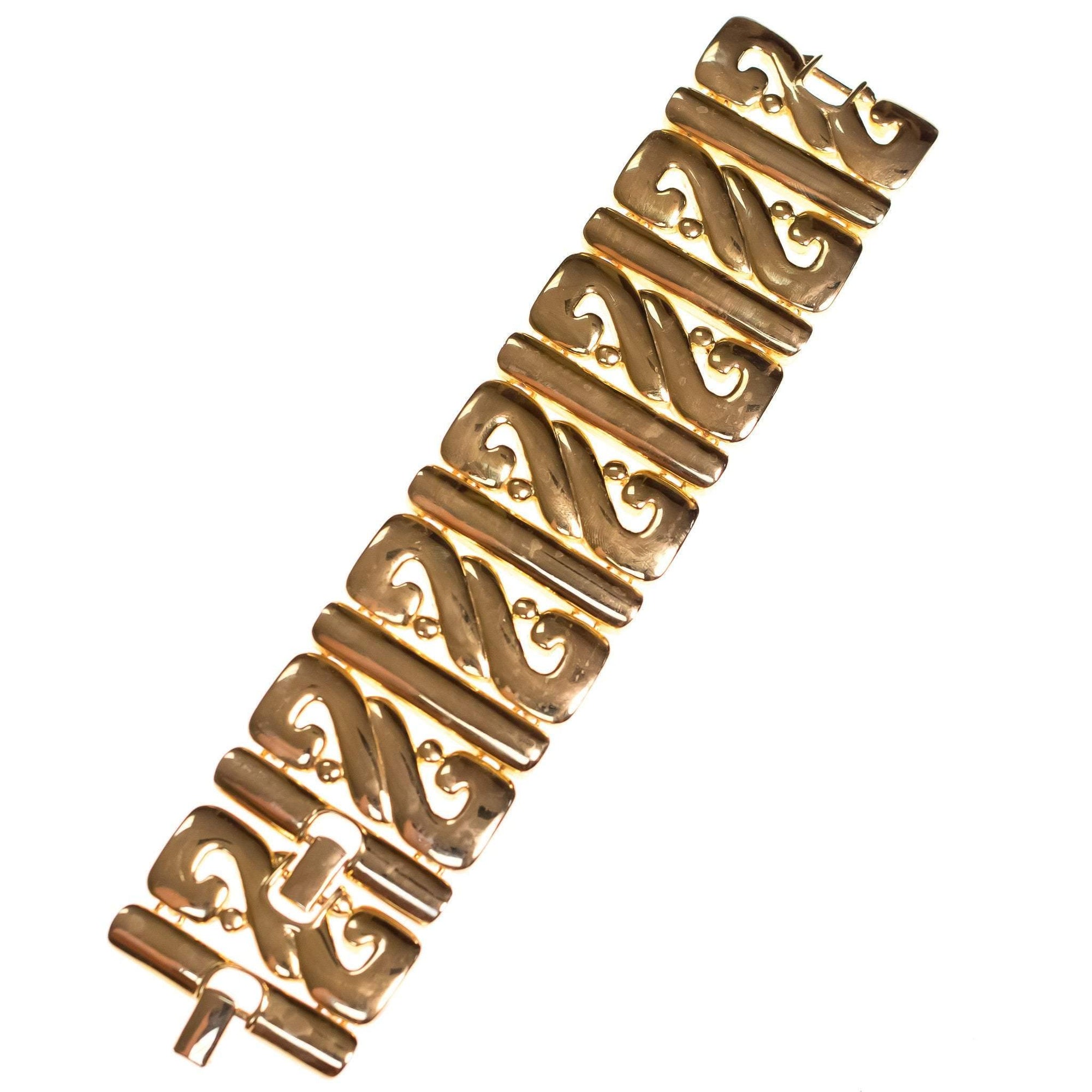 Vintage Kenneth Jay Lane Wide Panel Gold Scroll Bracelet by Kenneth Jay Lane - Vintage Meet Modern Vintage Jewelry - Chicago, Illinois - #oldhollywoodglamour #vintagemeetmodern #designervintage #jewelrybox #antiquejewelry #vintagejewelry