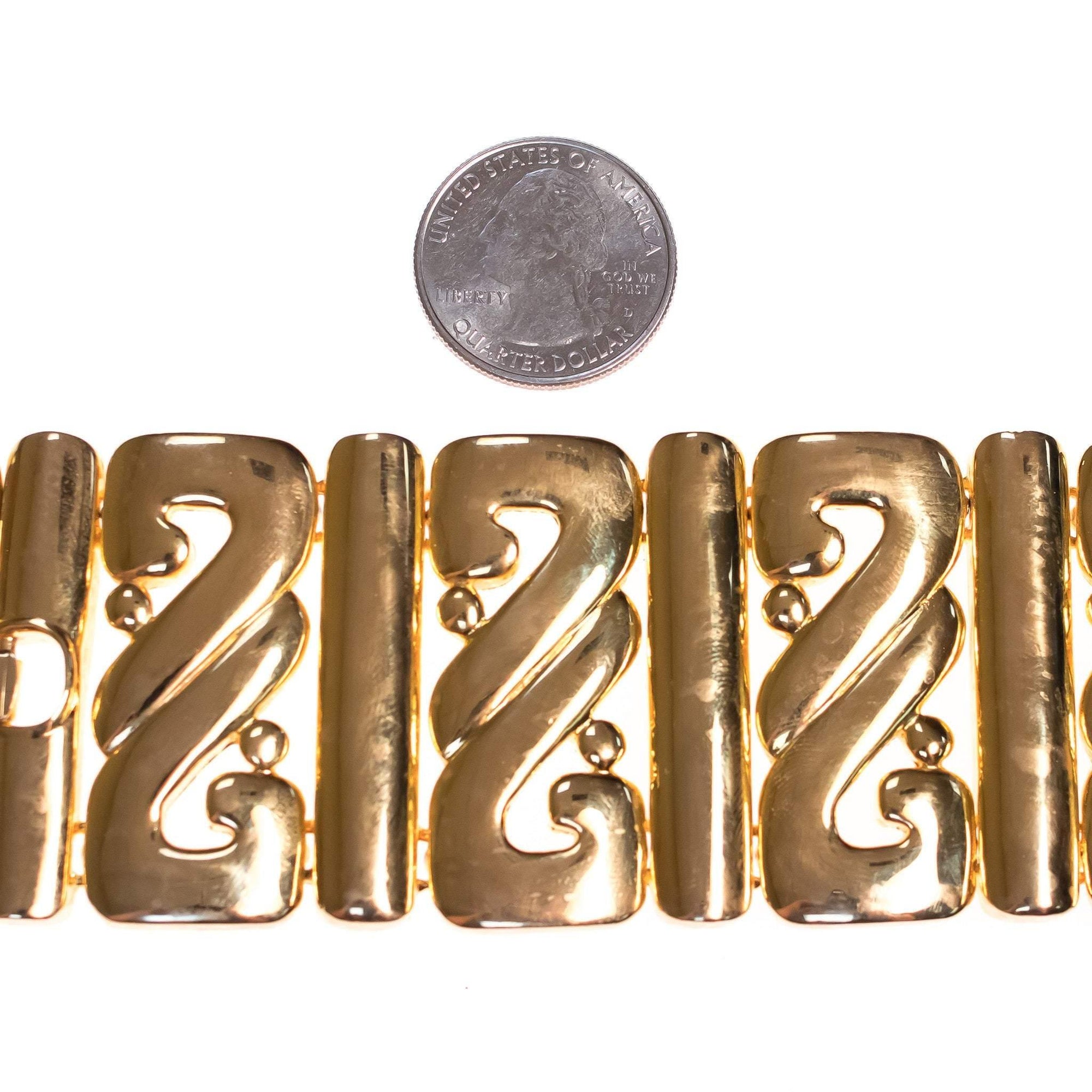 Vintage Kenneth Jay Lane Wide Panel Gold Scroll Bracelet by Kenneth Jay Lane - Vintage Meet Modern Vintage Jewelry - Chicago, Illinois - #oldhollywoodglamour #vintagemeetmodern #designervintage #jewelrybox #antiquejewelry #vintagejewelry
