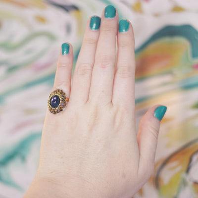 Vintage Mid Century Modern Blue Crystal Cabochon Cocktail Statement Ring by Mid Century Modern - Vintage Meet Modern Vintage Jewelry - Chicago, Illinois - #oldhollywoodglamour #vintagemeetmodern #designervintage #jewelrybox #antiquejewelry #vintagejewelry