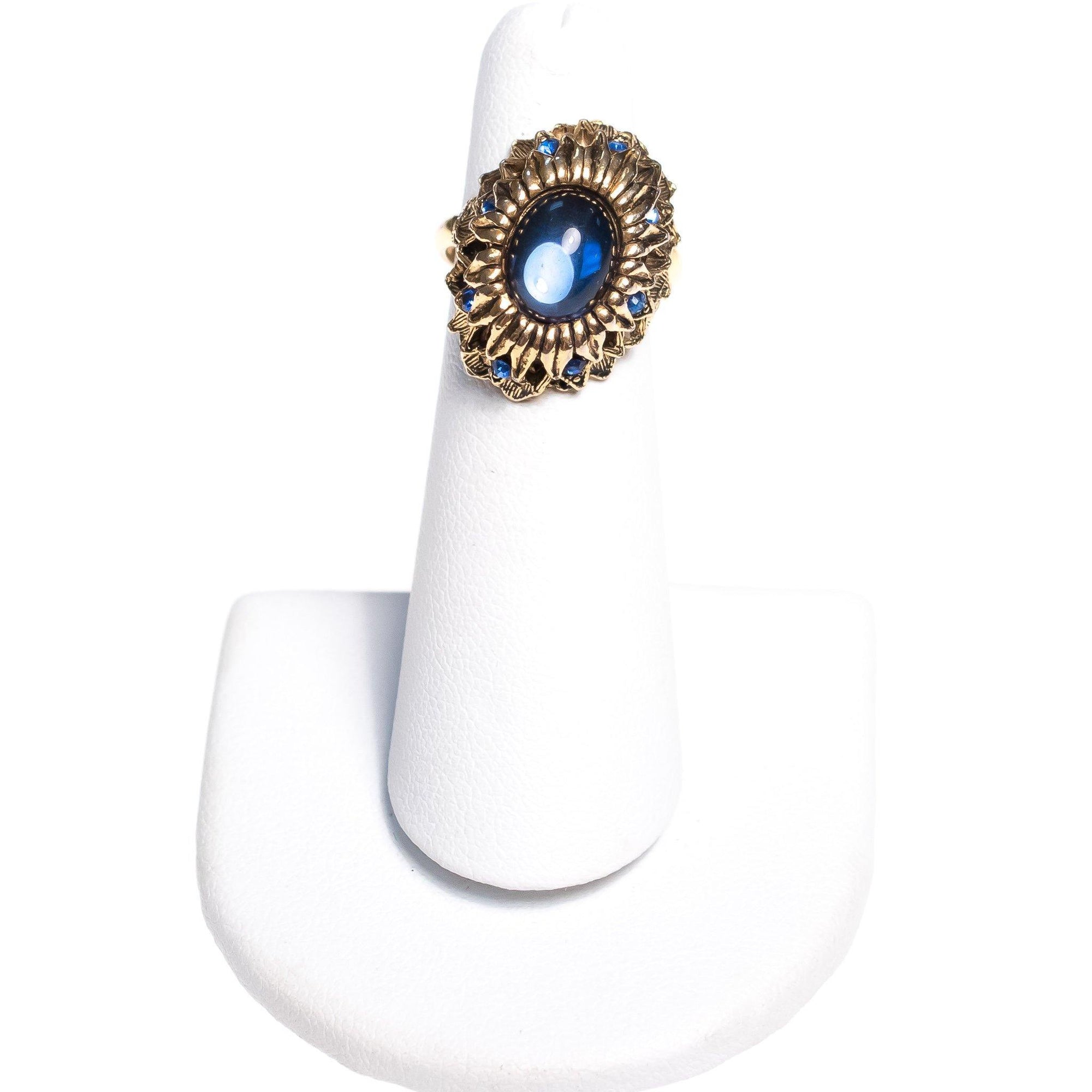 Vintage Mid Century Modern Blue Crystal Cabochon Cocktail Statement Ring by Mid Century Modern - Vintage Meet Modern Vintage Jewelry - Chicago, Illinois - #oldhollywoodglamour #vintagemeetmodern #designervintage #jewelrybox #antiquejewelry #vintagejewelry