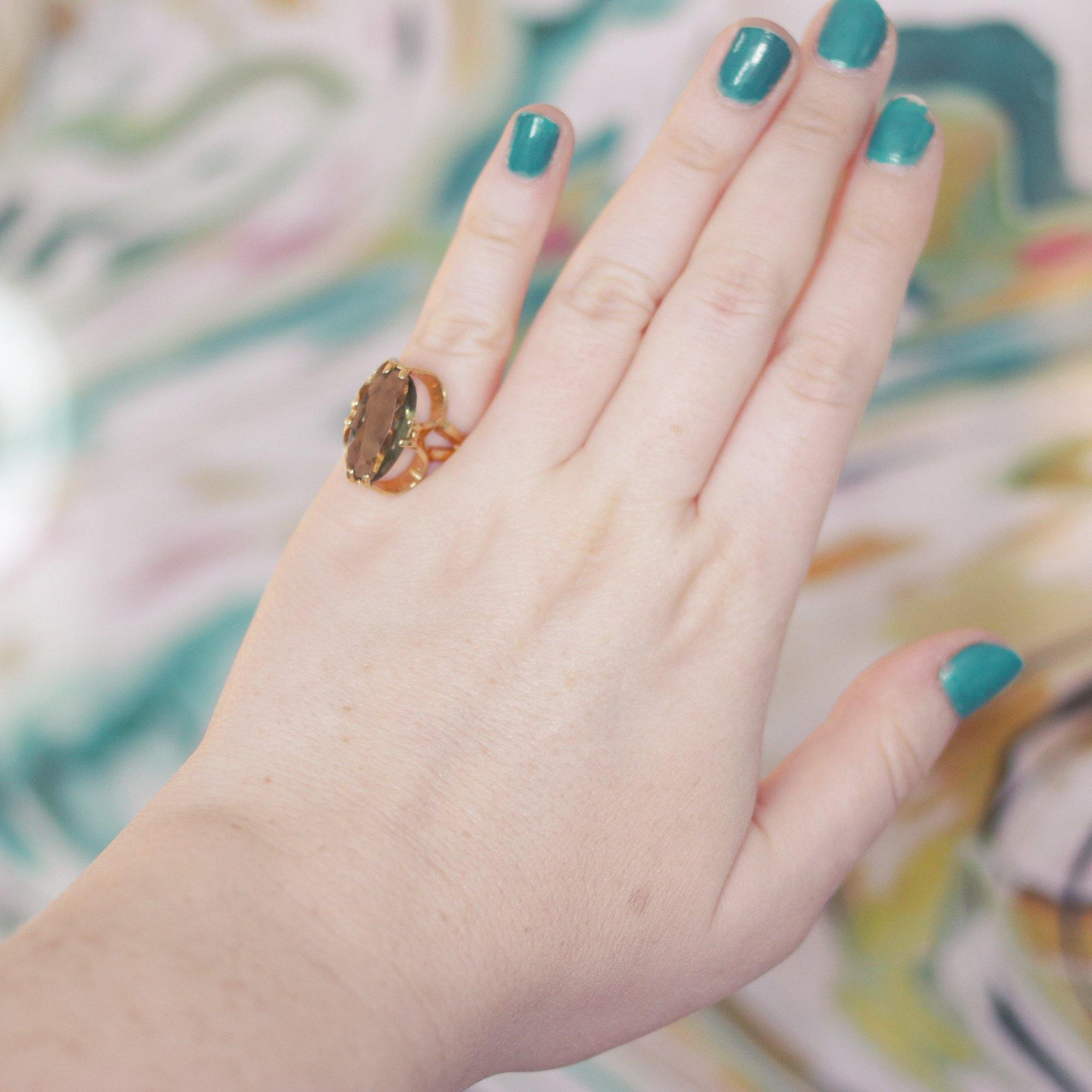 Vintage 1950s Espo Olive Quartz Cocktail Ring by Esposito - Vintage Meet Modern Vintage Jewelry - Chicago, Illinois - #oldhollywoodglamour #vintagemeetmodern #designervintage #jewelrybox #antiquejewelry #vintagejewelry