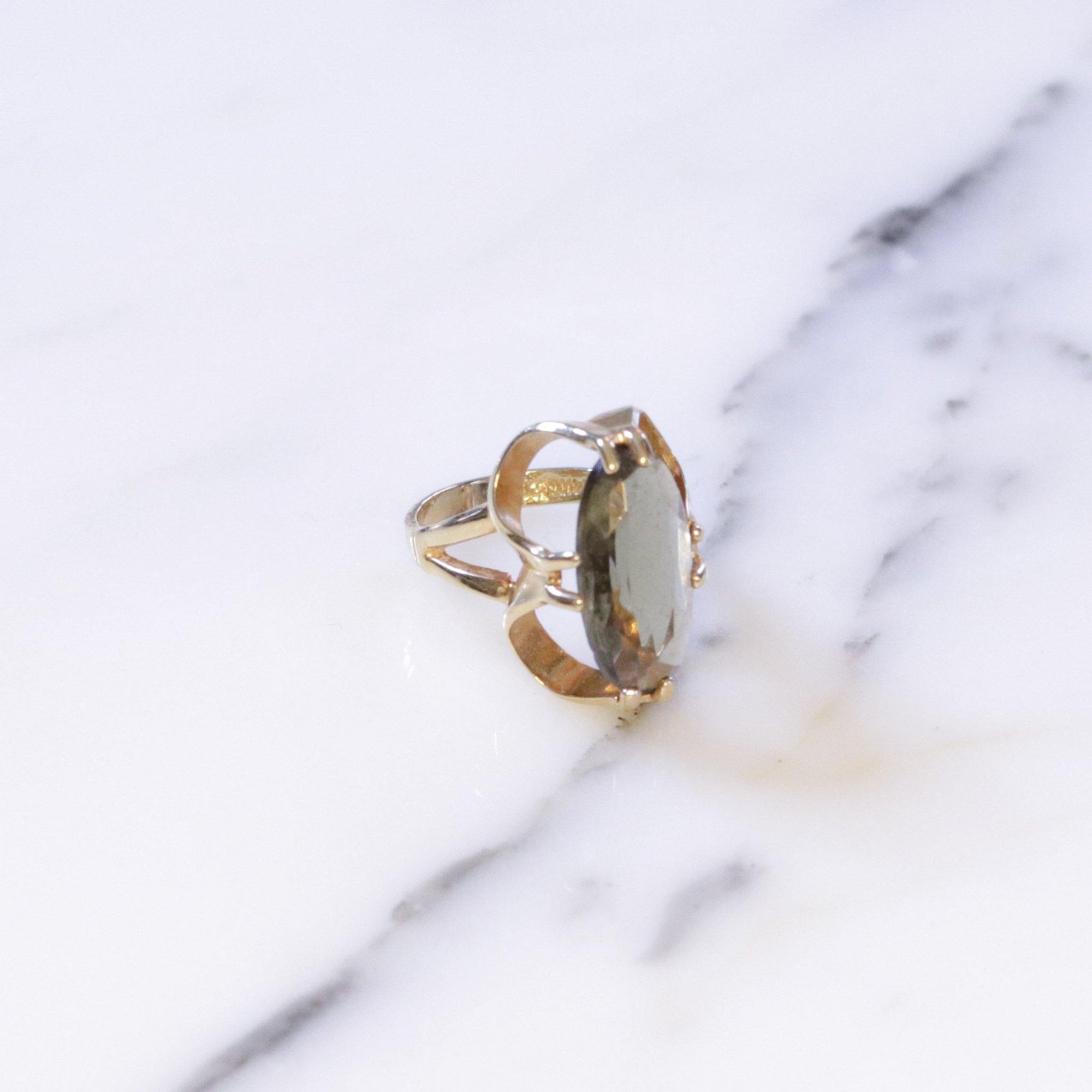 Vintage 1950s Espo Olive Quartz Cocktail Ring by Esposito - Vintage Meet Modern Vintage Jewelry - Chicago, Illinois - #oldhollywoodglamour #vintagemeetmodern #designervintage #jewelrybox #antiquejewelry #vintagejewelry