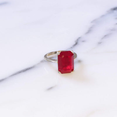 Vintage Red Emerald Cut Crystal Cocktail Statement Ring by 1950s - Vintage Meet Modern Vintage Jewelry - Chicago, Illinois - #oldhollywoodglamour #vintagemeetmodern #designervintage #jewelrybox #antiquejewelry #vintagejewelry