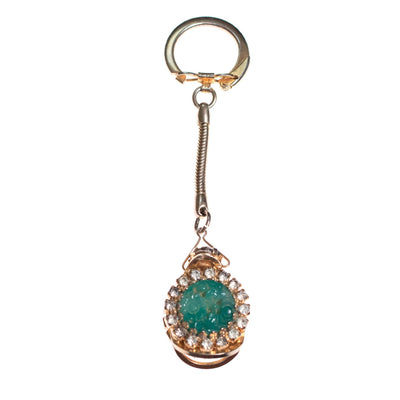 Vintage Mid Century Modern Pressed Faux Jade and Diamante Crystal Key Chain by 1950s - Vintage Meet Modern Vintage Jewelry - Chicago, Illinois - #oldhollywoodglamour #vintagemeetmodern #designervintage #jewelrybox #antiquejewelry #vintagejewelry