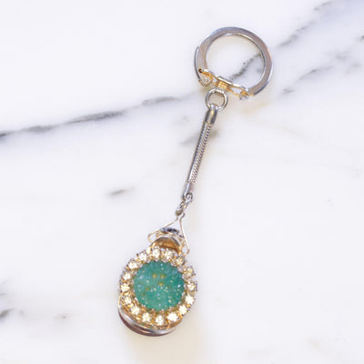 Vintage Mid Century Modern Pressed Faux Jade and Diamante Crystal Key Chain by 1950s - Vintage Meet Modern Vintage Jewelry - Chicago, Illinois - #oldhollywoodglamour #vintagemeetmodern #designervintage #jewelrybox #antiquejewelry #vintagejewelry