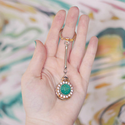Vintage Mid Century Modern Pressed Faux Jade and Diamante Crystal Key Chain by 1950s - Vintage Meet Modern Vintage Jewelry - Chicago, Illinois - #oldhollywoodglamour #vintagemeetmodern #designervintage #jewelrybox #antiquejewelry #vintagejewelry