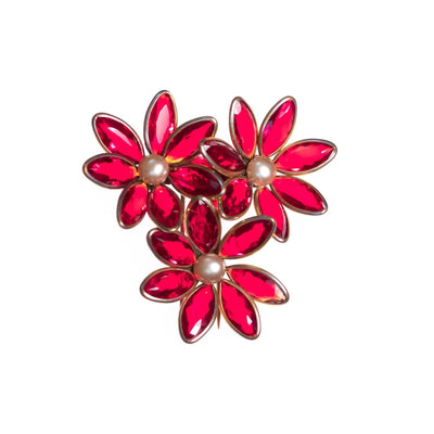 Vintage 1940s Red Flower Dress/Fur Clip Brooch with Crystal Bezel Set Petals and Faux Pearl Centers by 1940s - Vintage Meet Modern Vintage Jewelry - Chicago, Illinois - #oldhollywoodglamour #vintagemeetmodern #designervintage #jewelrybox #antiquejewelry #vintagejewelry
