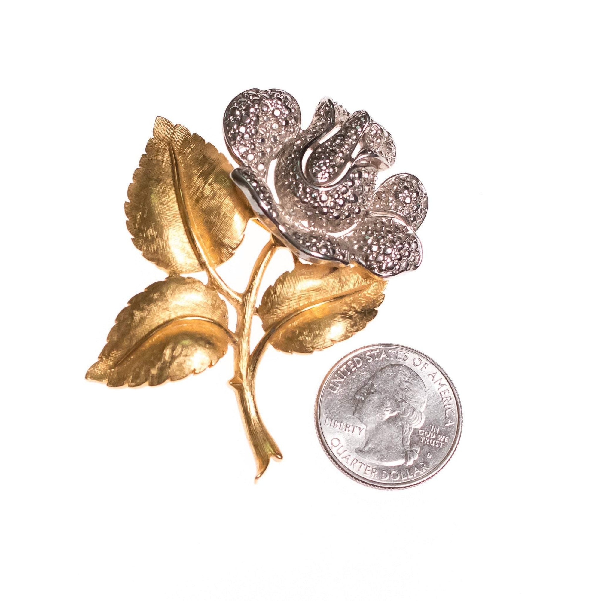 Vintage Crown Trifari Silver Milgrain Rose with Gold Leaves Brooch by Crown Trifari - Vintage Meet Modern Vintage Jewelry - Chicago, Illinois - #oldhollywoodglamour #vintagemeetmodern #designervintage #jewelrybox #antiquejewelry #vintagejewelry