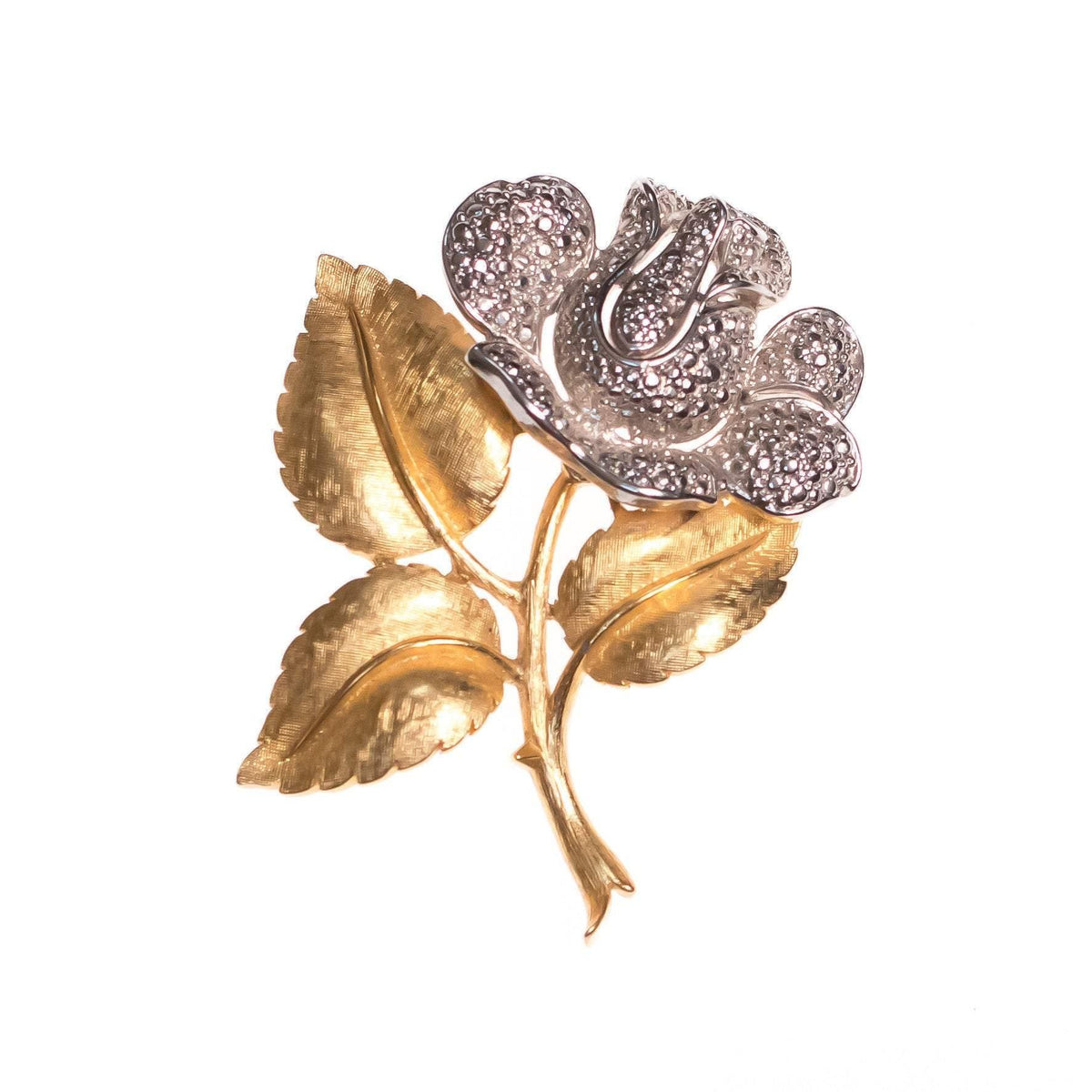 Vintage Crown Trifari Silver Milgrain Rose with Gold Leaves Brooch