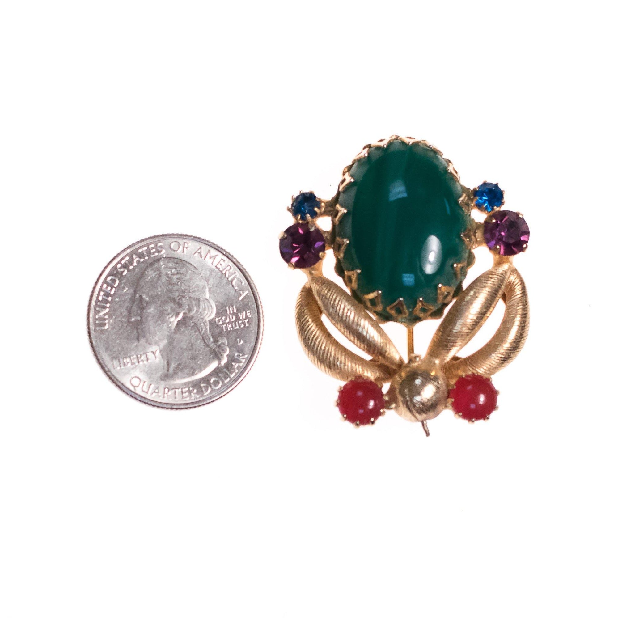 Vintage West Germany Jade Green Carnelian, Blue and Purple Rhinestone Brooch by West Germany - Vintage Meet Modern Vintage Jewelry - Chicago, Illinois - #oldhollywoodglamour #vintagemeetmodern #designervintage #jewelrybox #antiquejewelry #vintagejewelry
