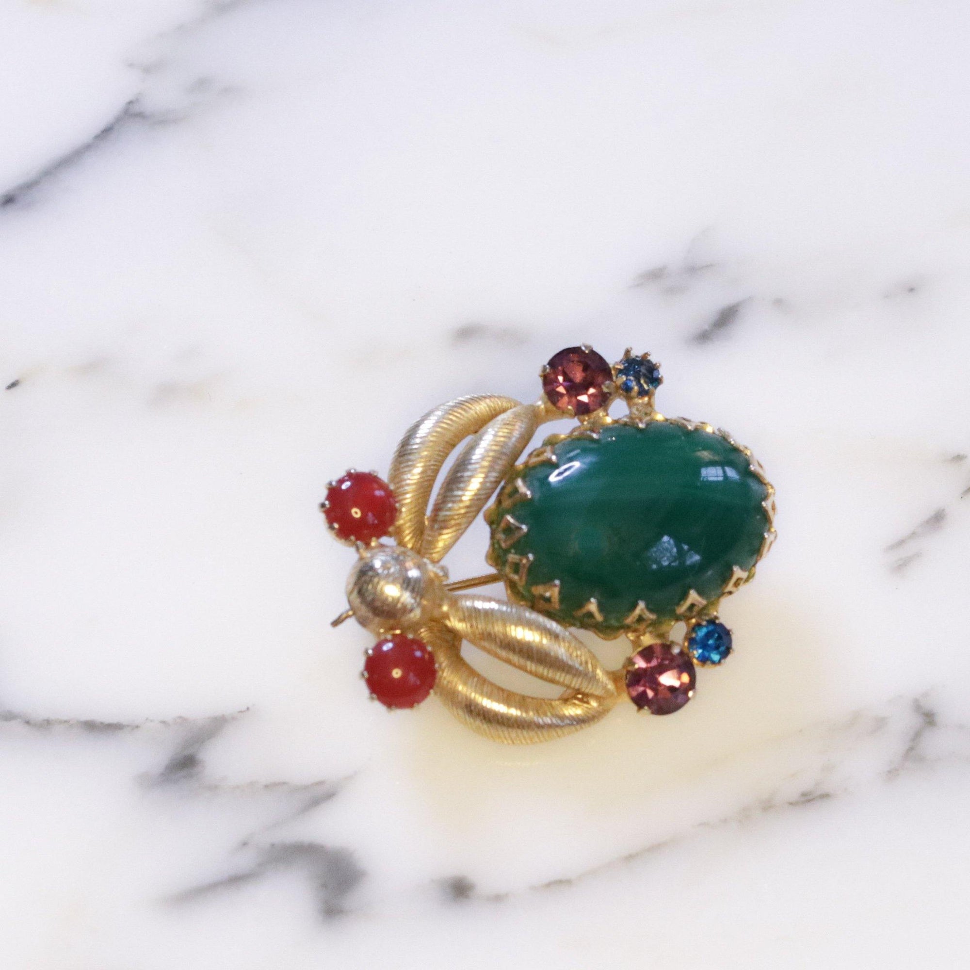 Vintage West Germany Jade Green Carnelian, Blue and Purple Rhinestone Brooch by West Germany - Vintage Meet Modern Vintage Jewelry - Chicago, Illinois - #oldhollywoodglamour #vintagemeetmodern #designervintage #jewelrybox #antiquejewelry #vintagejewelry