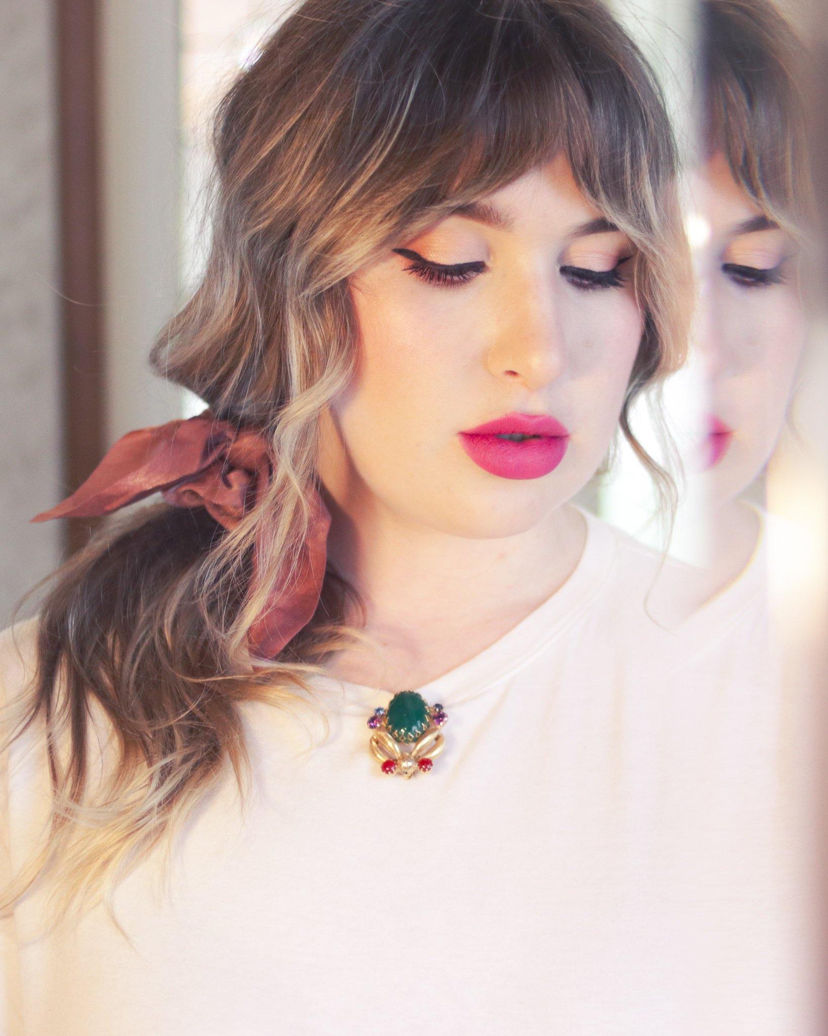 Vintage West Germany Jade Green Carnelian, Blue and Purple Rhinestone Brooch by West Germany - Vintage Meet Modern Vintage Jewelry - Chicago, Illinois - #oldhollywoodglamour #vintagemeetmodern #designervintage #jewelrybox #antiquejewelry #vintagejewelry