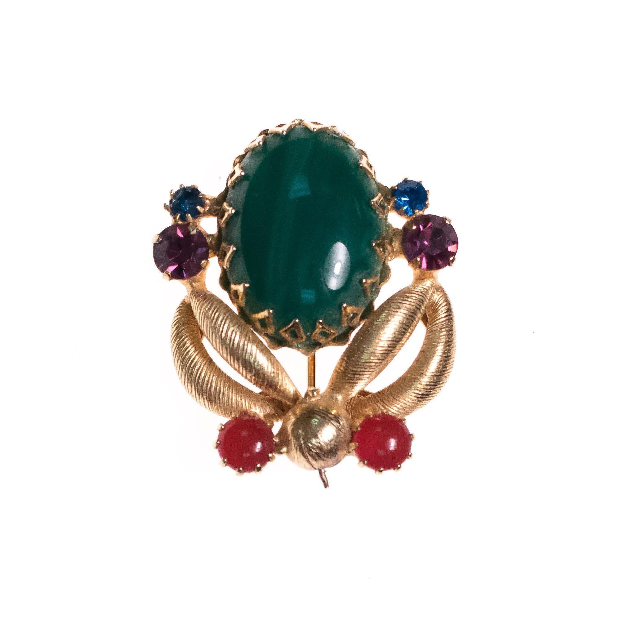 Vintage West Germany Jade Green Carnelian, Blue and Purple Rhinestone Brooch by West Germany - Vintage Meet Modern Vintage Jewelry - Chicago, Illinois - #oldhollywoodglamour #vintagemeetmodern #designervintage #jewelrybox #antiquejewelry #vintagejewelry