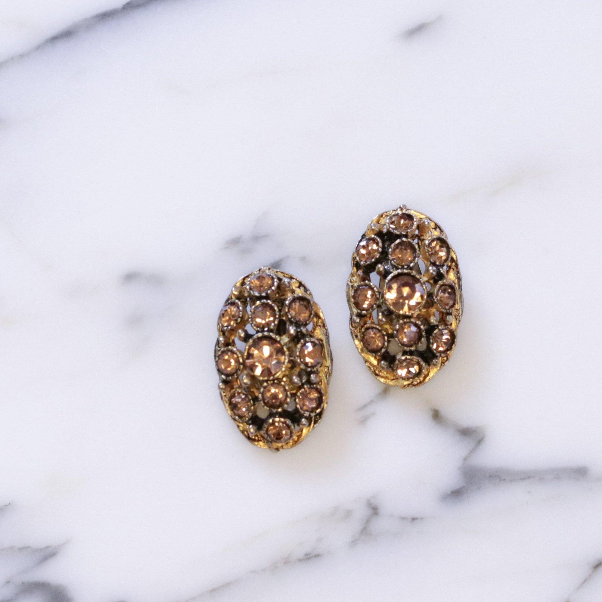 Vintage Amber Rhinestone Oval Statement Earrings by 1950s - Vintage Meet Modern Vintage Jewelry - Chicago, Illinois - #oldhollywoodglamour #vintagemeetmodern #designervintage #jewelrybox #antiquejewelry #vintagejewelry