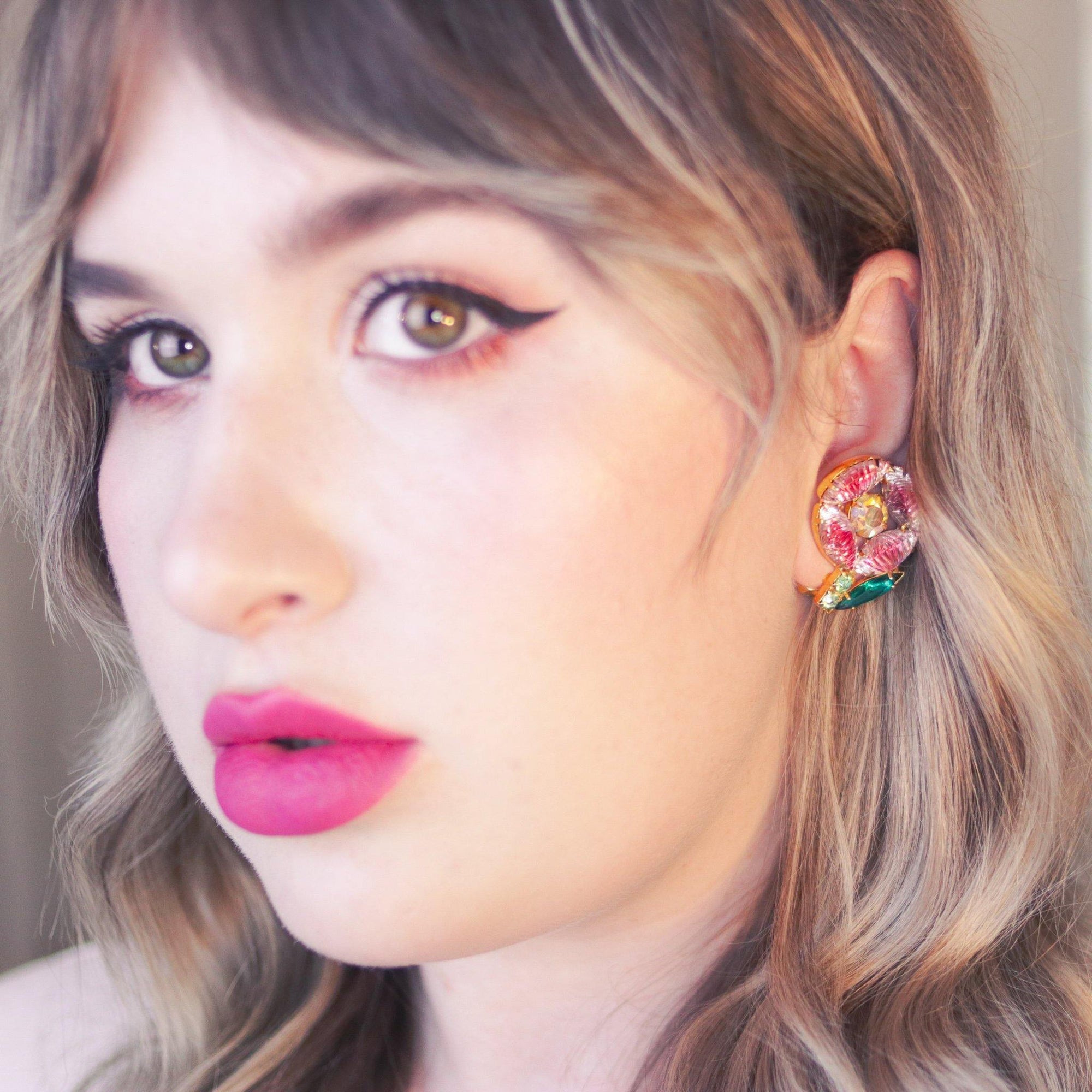 Vintage Juliana Pink Rhinestone Flower Earrings by Juliana - Vintage Meet Modern Vintage Jewelry - Chicago, Illinois - #oldhollywoodglamour #vintagemeetmodern #designervintage #jewelrybox #antiquejewelry #vintagejewelry