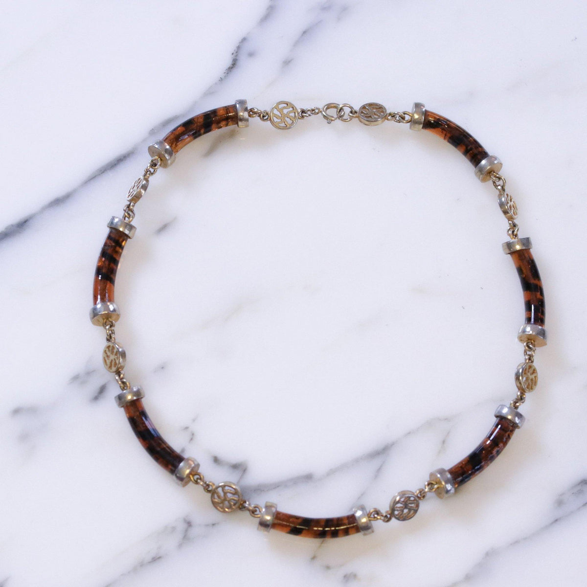 Vintage 1960s Tortoise Glass Barrel Bead Necklace with Asian Characters
