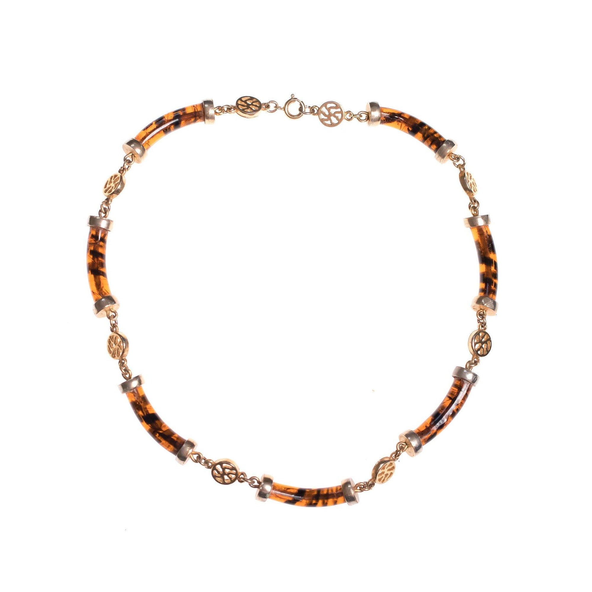 Vintage 1960s Tortoise Glass Barrel Bead Necklace with Asian Characters by 1960s - Vintage Meet Modern Vintage Jewelry - Chicago, Illinois - #oldhollywoodglamour #vintagemeetmodern #designervintage #jewelrybox #antiquejewelry #vintagejewelry