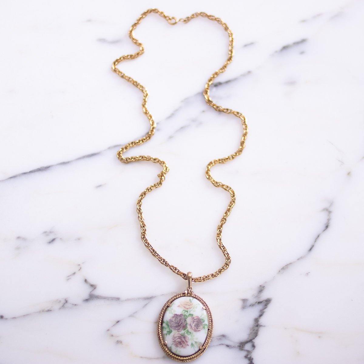 1950s Limoges Floral Pendant  Lavender and Pink Flowers by Limoges - Vintage Meet Modern Vintage Jewelry - Chicago, Illinois - #oldhollywoodglamour #vintagemeetmodern #designervintage #jewelrybox #antiquejewelry #vintagejewelry