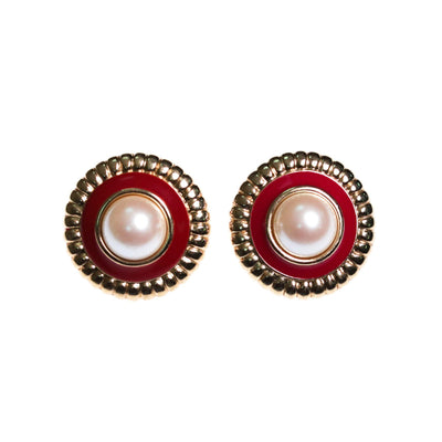 1980s Monet  Red Enamel and Faux Pearl with Gold Earrings by Monet - Vintage Meet Modern Vintage Jewelry - Chicago, Illinois - #oldhollywoodglamour #vintagemeetmodern #designervintage #jewelrybox #antiquejewelry #vintagejewelry