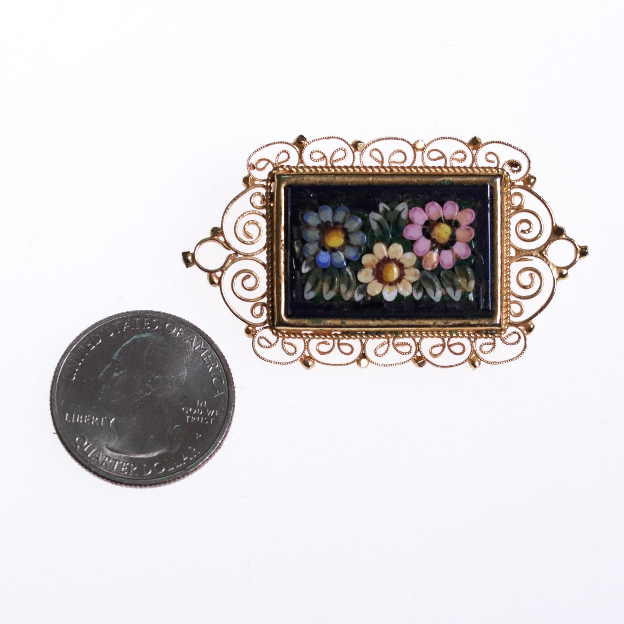 1950s Italian Mosaic Flower Brooch Gold Frame with Purple, Yellow, Blue and Green Brooch by Made In Italy - Vintage Meet Modern Vintage Jewelry - Chicago, Illinois - #oldhollywoodglamour #vintagemeetmodern #designervintage #jewelrybox #antiquejewelry #vintagejewelry