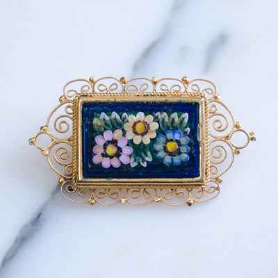 1950s Italian Mosaic Flower Brooch Gold Frame with Purple, Yellow, Blue and Green Brooch by Made In Italy - Vintage Meet Modern Vintage Jewelry - Chicago, Illinois - #oldhollywoodglamour #vintagemeetmodern #designervintage #jewelrybox #antiquejewelry #vintagejewelry