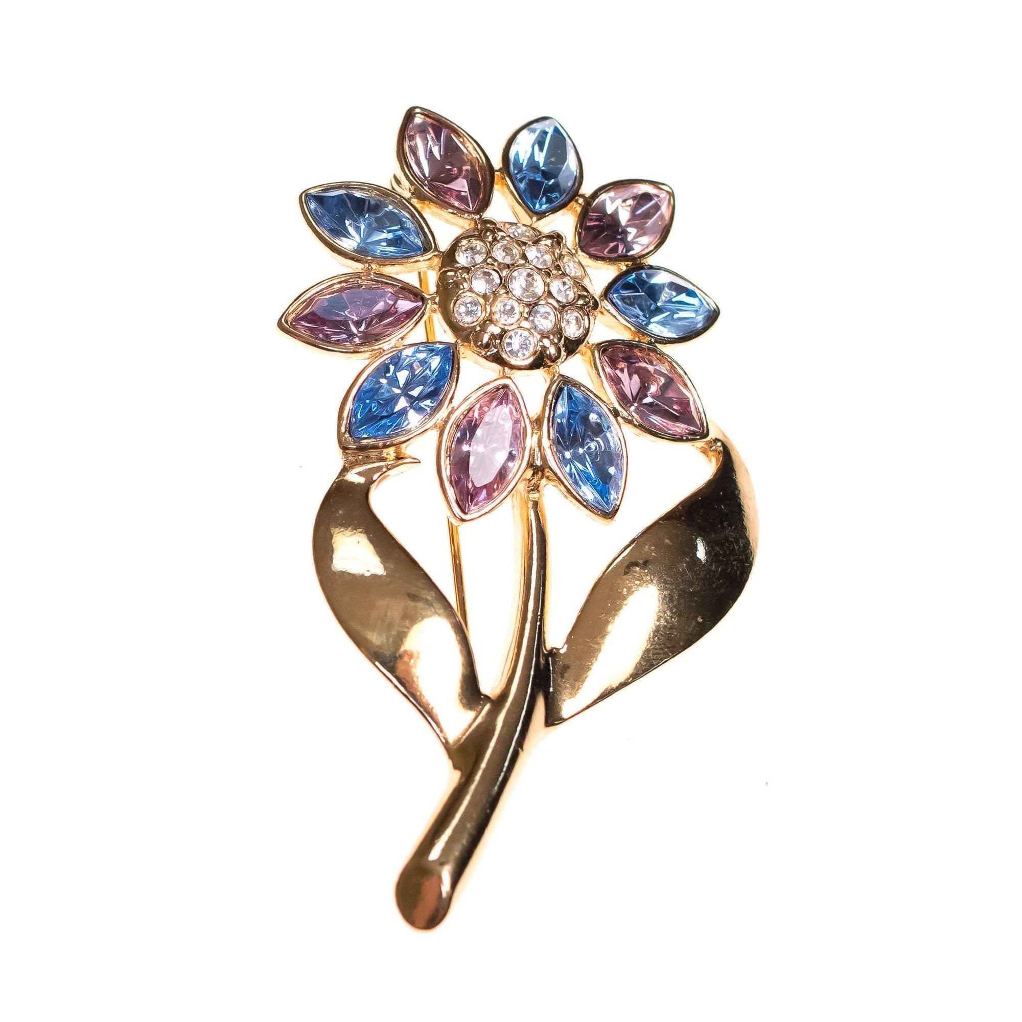 Vintage Avon Flower Brooch Gold, Blue, and Pink Rhinestone Brooch by Avon - Vintage Meet Modern Vintage Jewelry - Chicago, Illinois - #oldhollywoodglamour #vintagemeetmodern #designervintage #jewelrybox #antiquejewelry #vintagejewelry