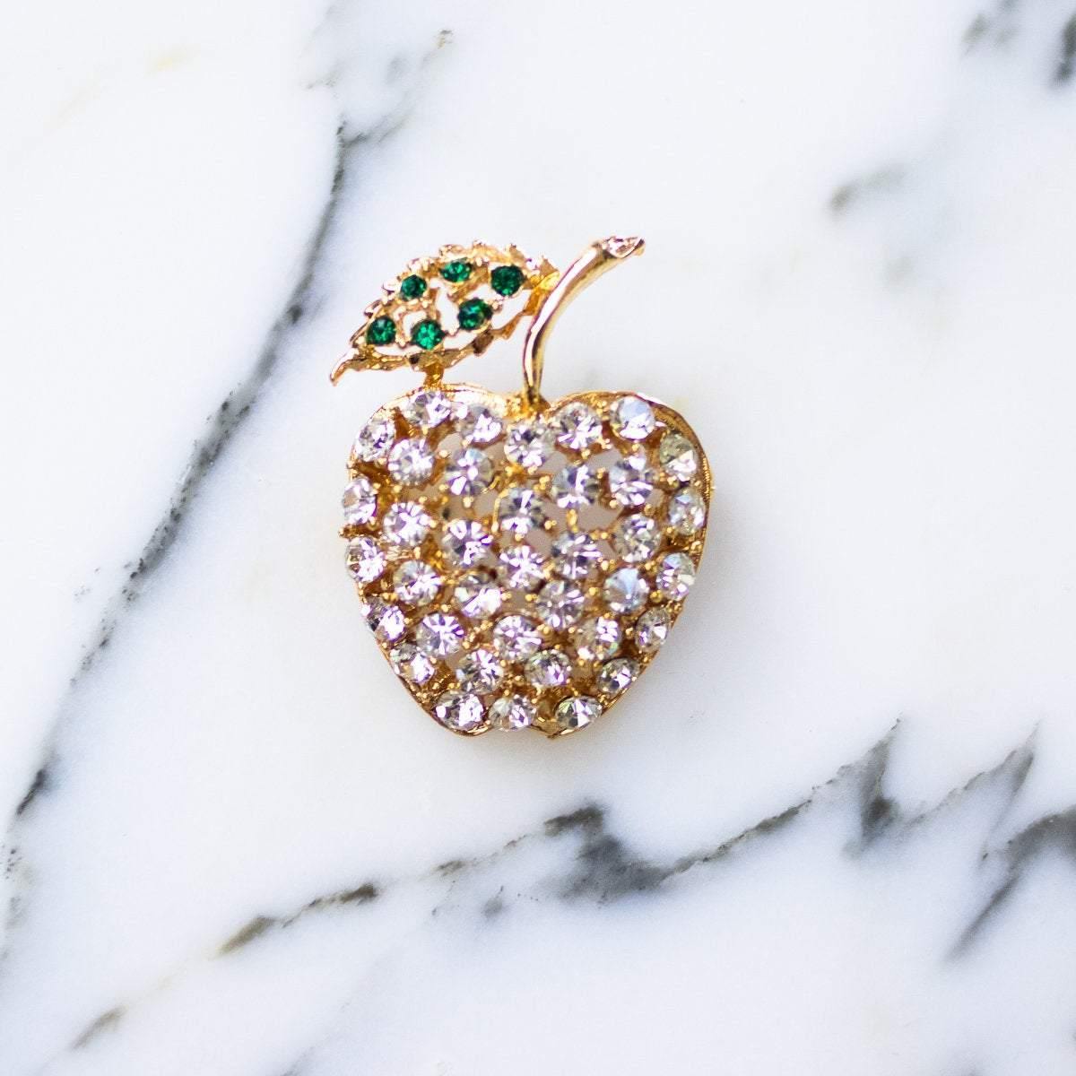 Vintage Diamante Crystal Bejeweled Apple Brooch by 1950s - Vintage Meet Modern Vintage Jewelry - Chicago, Illinois - #oldhollywoodglamour #vintagemeetmodern #designervintage #jewelrybox #antiquejewelry #vintagejewelry