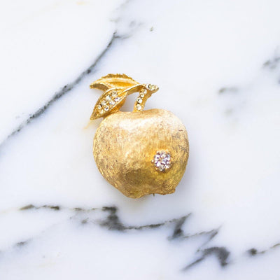1950s Gold Apple with Diamante Accents by 1950s - Vintage Meet Modern Vintage Jewelry - Chicago, Illinois - #oldhollywoodglamour #vintagemeetmodern #designervintage #jewelrybox #antiquejewelry #vintagejewelry