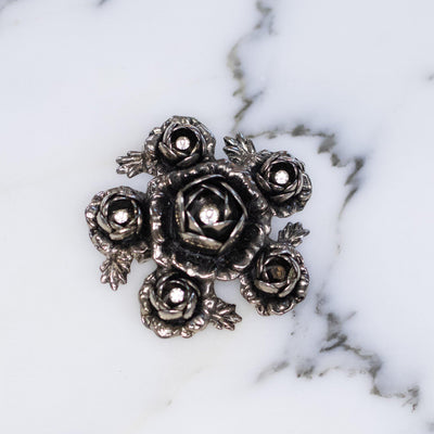 Vintage 1950s Victorian Gothic Silver Roses Brooch  Three Dimensional Shape  Layers of Roses with Diamante Crystal Centers by 1950s - Vintage Meet Modern Vintage Jewelry - Chicago, Illinois - #oldhollywoodglamour #vintagemeetmodern #designervintage #jewelrybox #antiquejewelry #vintagejewelry
