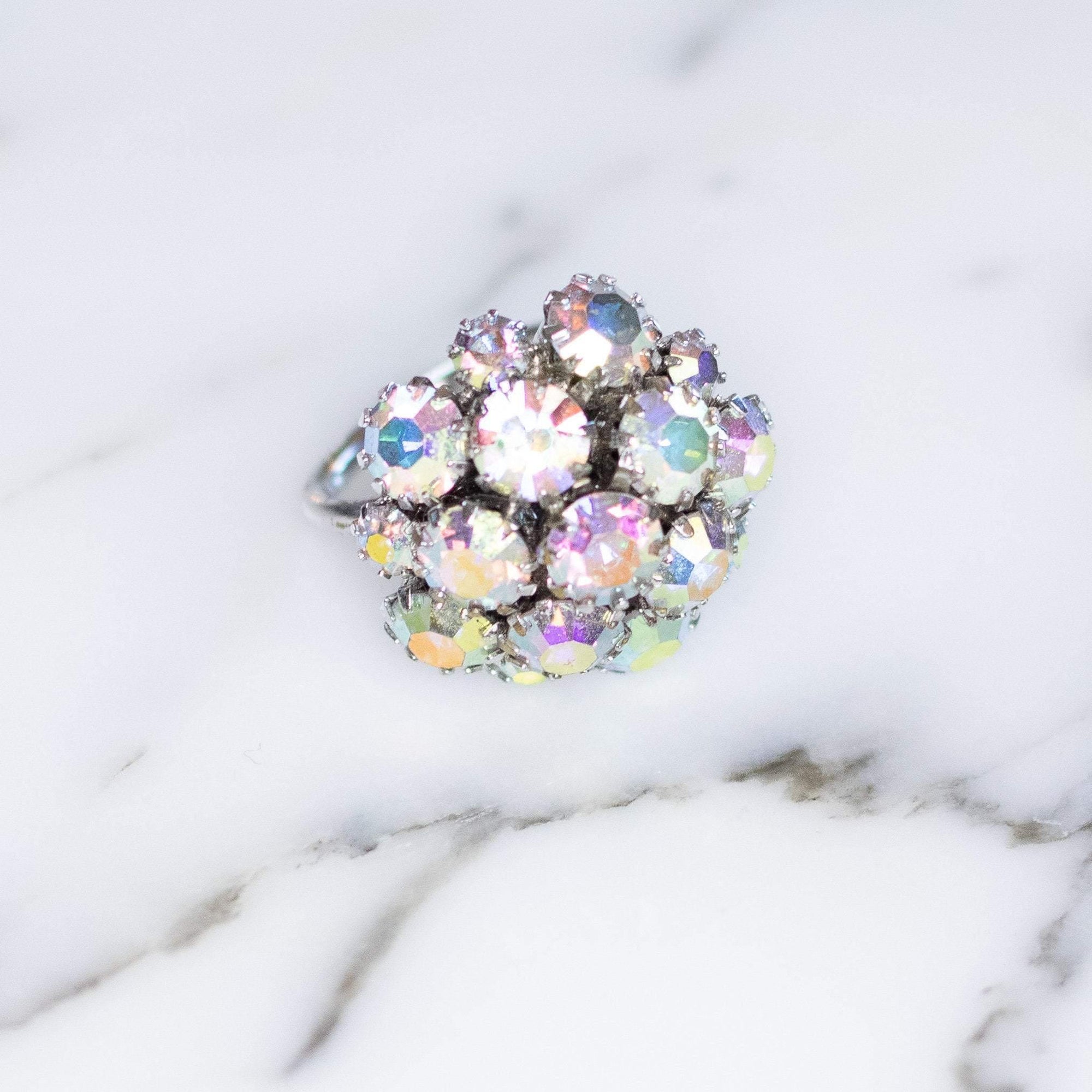 Vintage 1950s Sarah Coventry Aurora Borealis Rhinestone Cluster Statement Ring by Sarah Coventry - Vintage Meet Modern Vintage Jewelry - Chicago, Illinois - #oldhollywoodglamour #vintagemeetmodern #designervintage #jewelrybox #antiquejewelry #vintagejewelry