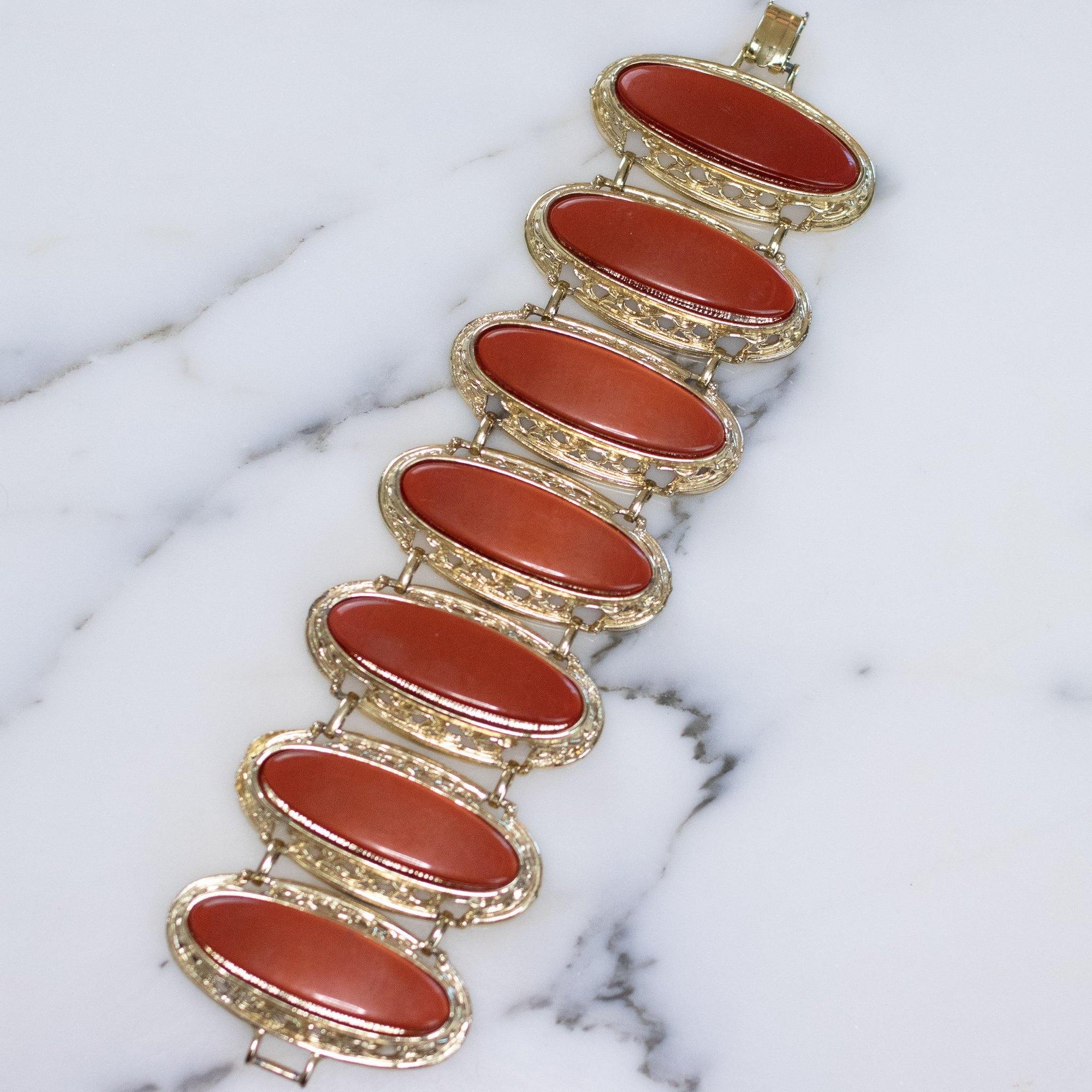 Vintage 1950s Orange Thermoset Wide Panel Statement Bracelet by 1950s - Vintage Meet Modern Vintage Jewelry - Chicago, Illinois - #oldhollywoodglamour #vintagemeetmodern #designervintage #jewelrybox #antiquejewelry #vintagejewelry