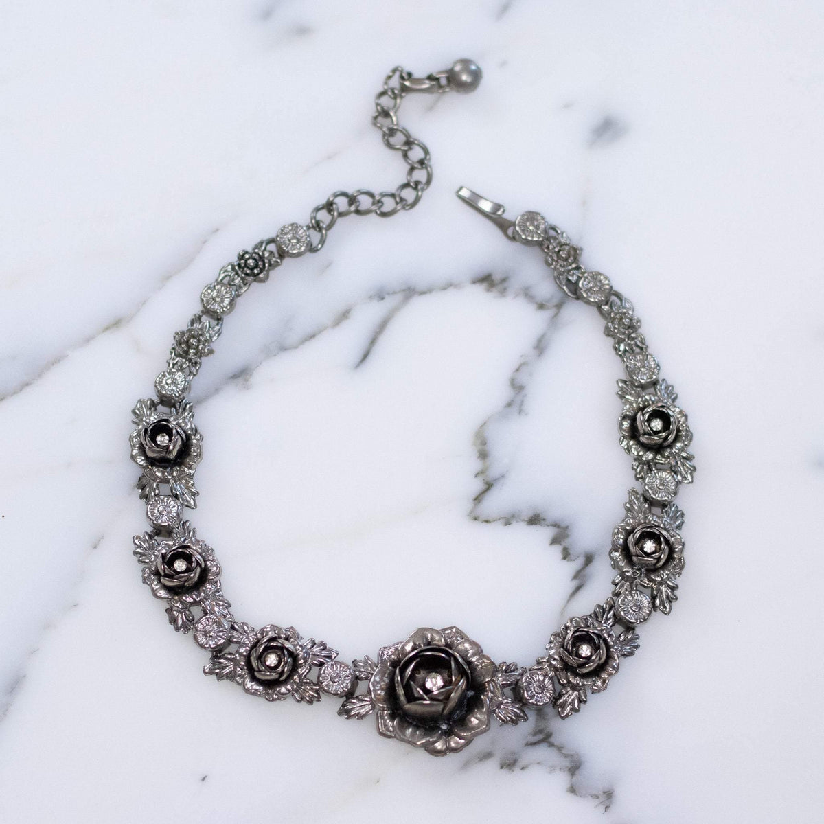 Vintage 1950s Victorian Gothic Revival Silver Rose Collar Necklace