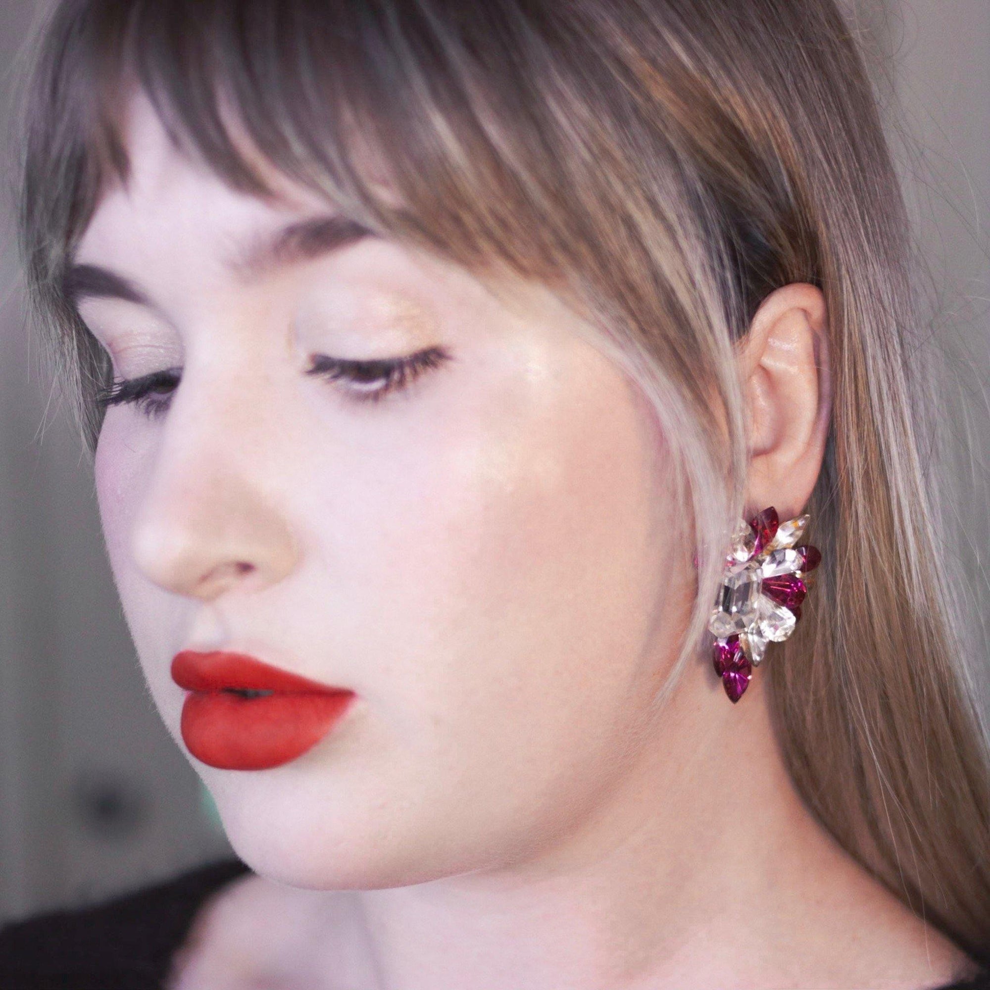 Vintage 1980s Wendy Gell Style Pink and Diamante Statement Earrings by Wendy Gell - Vintage Meet Modern Vintage Jewelry - Chicago, Illinois - #oldhollywoodglamour #vintagemeetmodern #designervintage #jewelrybox #antiquejewelry #vintagejewelry