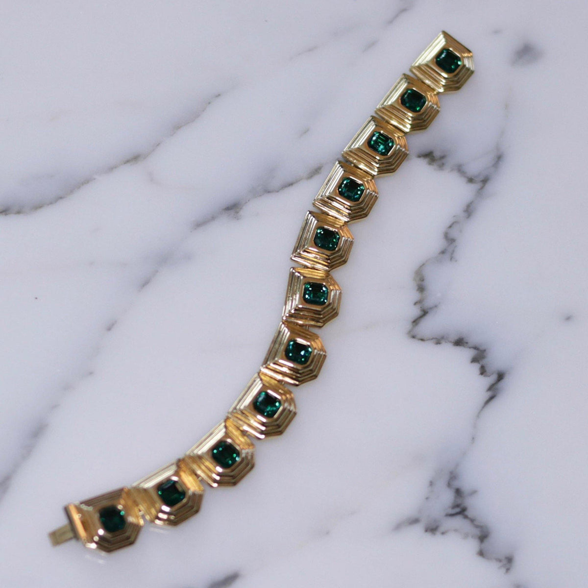 Vintage Swarovski  Gold Emerald Crystal Geometric Link Bracelet