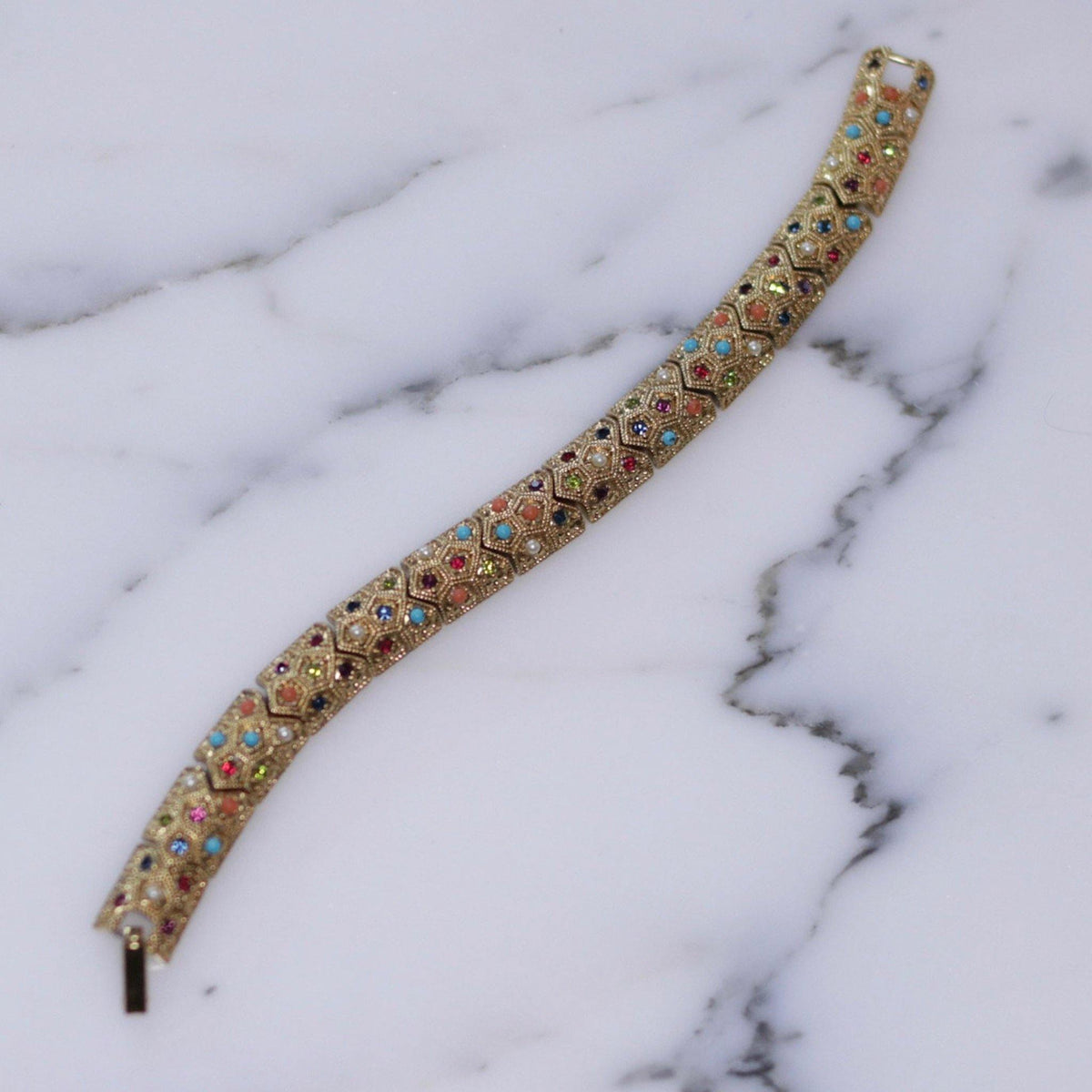 Vintage 1960s Etruscan Revival Colorful Bejeweled Link Bracelet