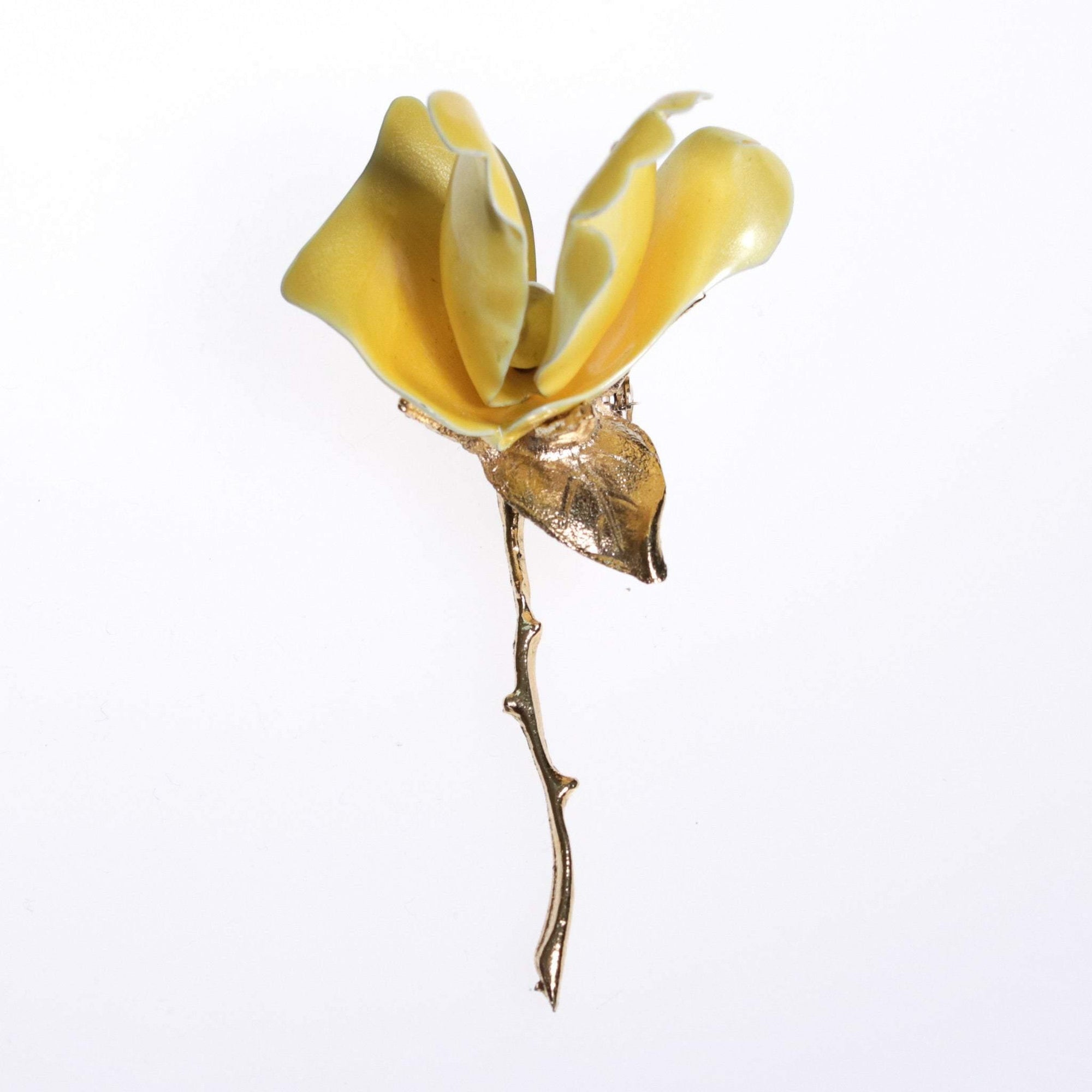 Vintage 1950s Long Stem Yellow Rose Brooch with Pearl Center by 1950s - Vintage Meet Modern Vintage Jewelry - Chicago, Illinois - #oldhollywoodglamour #vintagemeetmodern #designervintage #jewelrybox #antiquejewelry #vintagejewelry