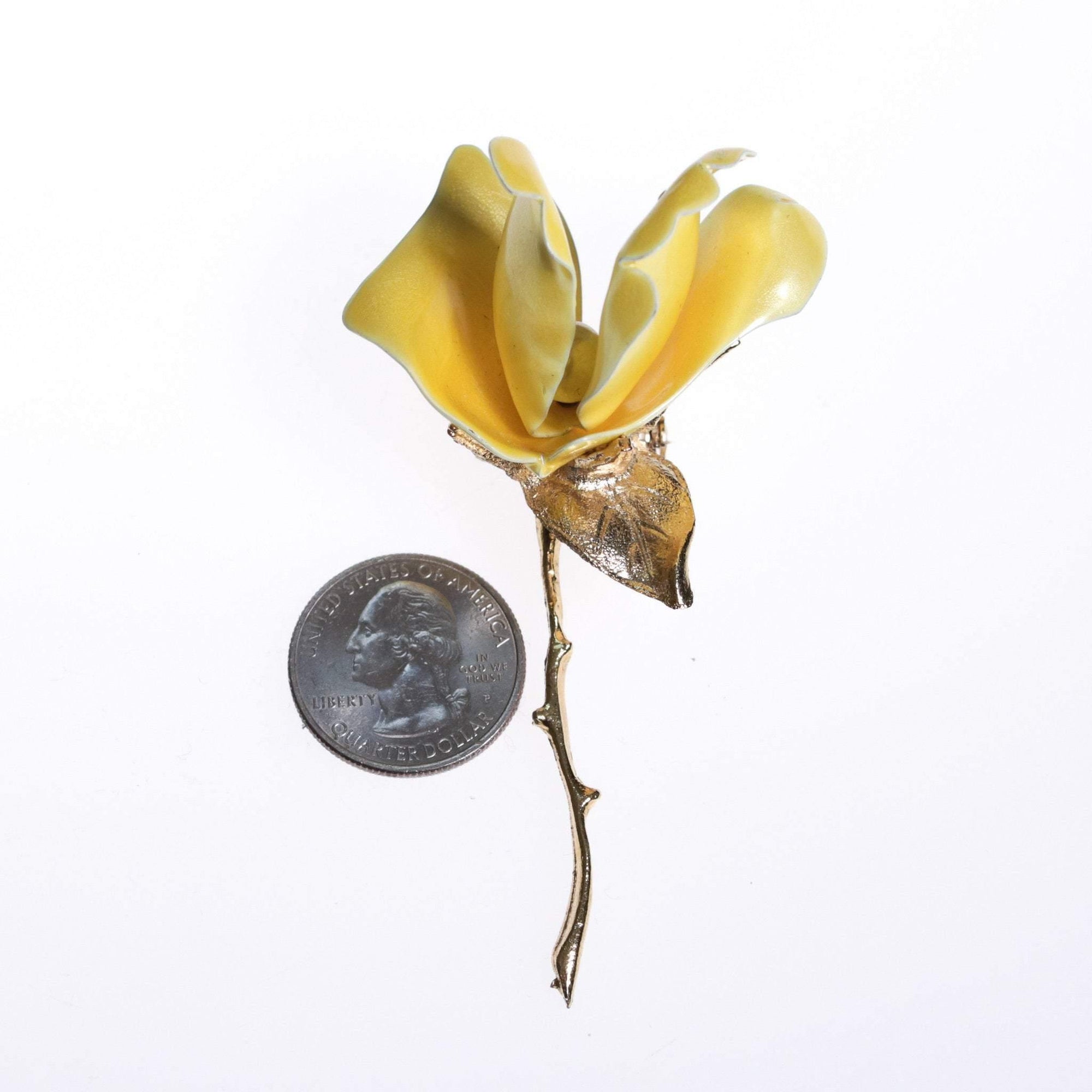 Vintage 1950s Long Stem Yellow Rose Brooch with Pearl Center by 1950s - Vintage Meet Modern Vintage Jewelry - Chicago, Illinois - #oldhollywoodglamour #vintagemeetmodern #designervintage #jewelrybox #antiquejewelry #vintagejewelry